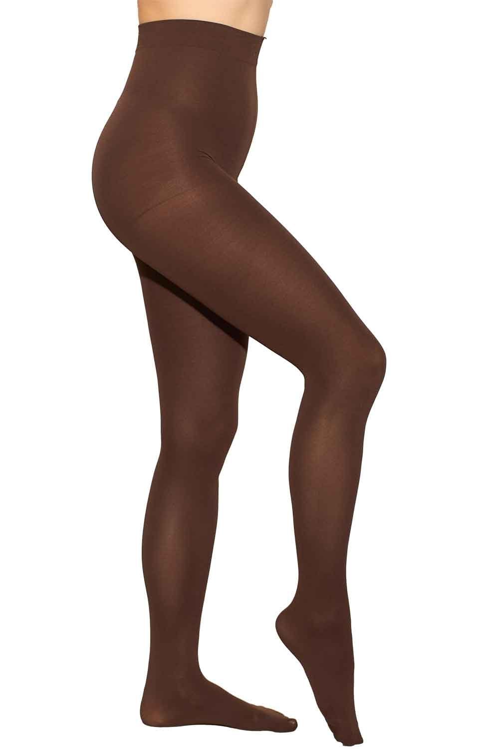 Brown tights worn by a  model on a white background
