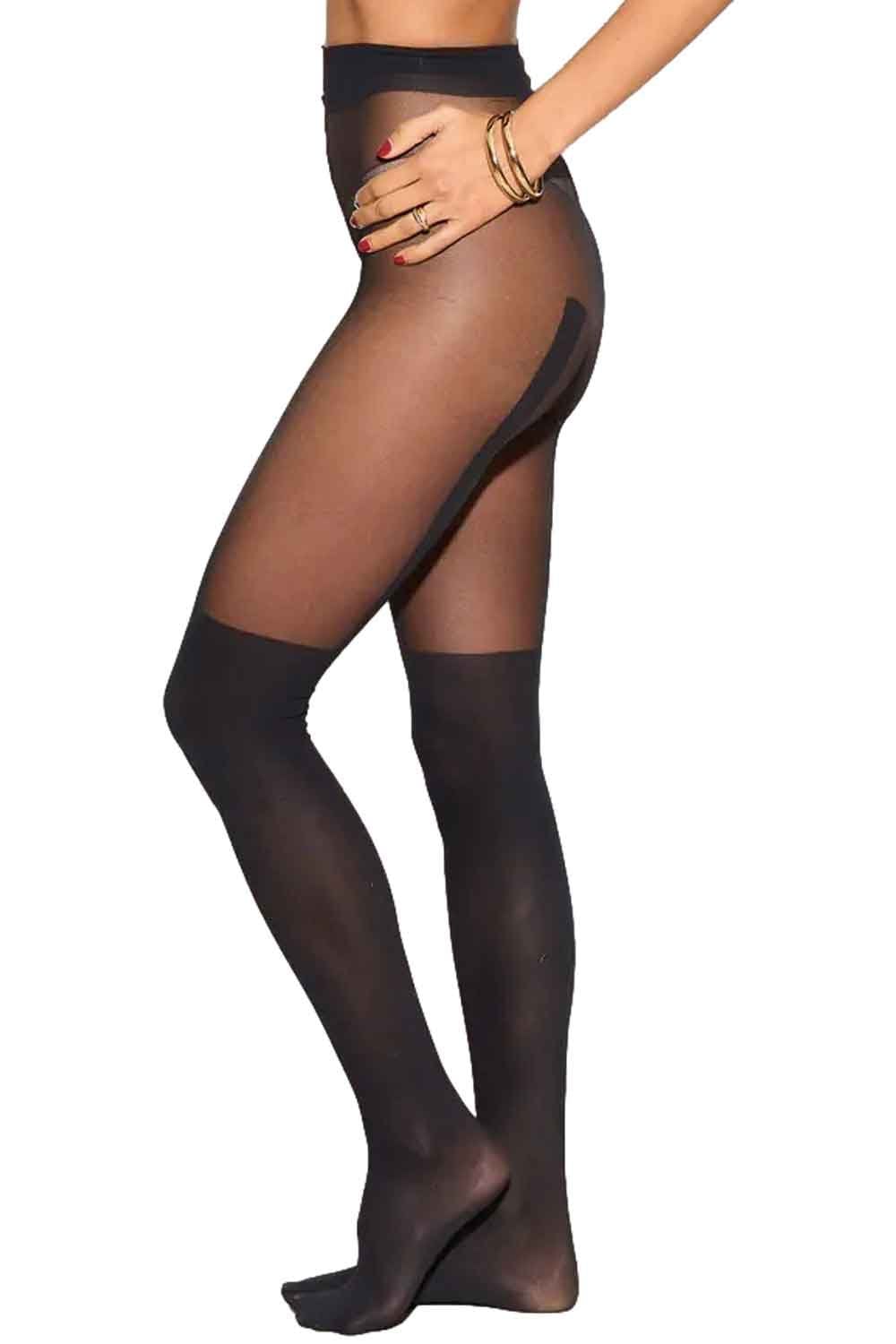 Black mock suspender tights  worn by a model on a white background