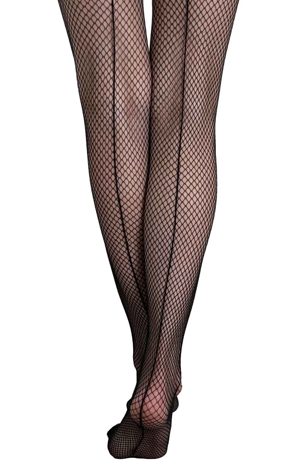 Black fishnet back seamed  tights by Allana, worn by a model on a white background