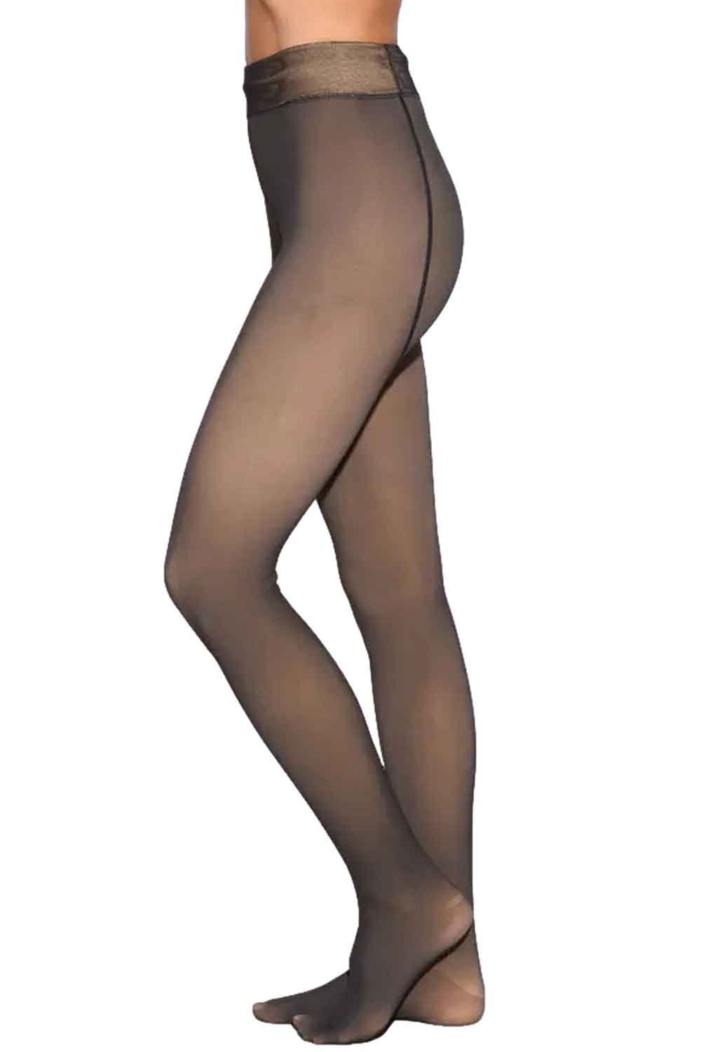 Sheer  fleece lined tights worn by a model on a white background