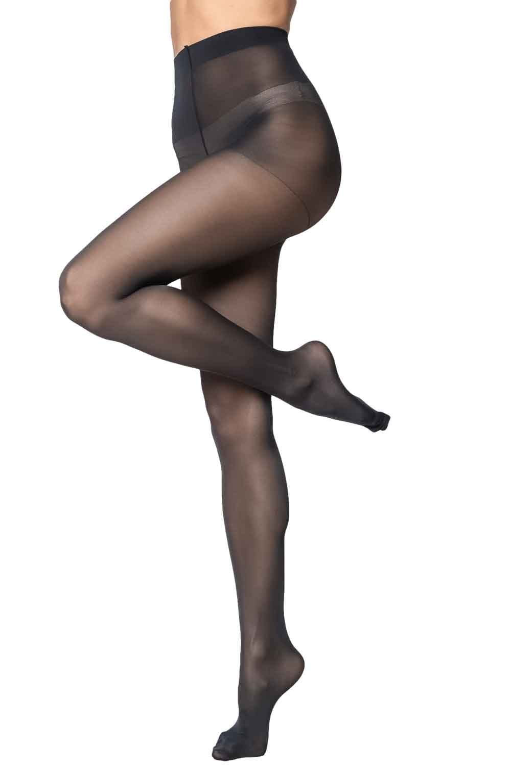 Black semi-opaque  tights worn by a person on a white background