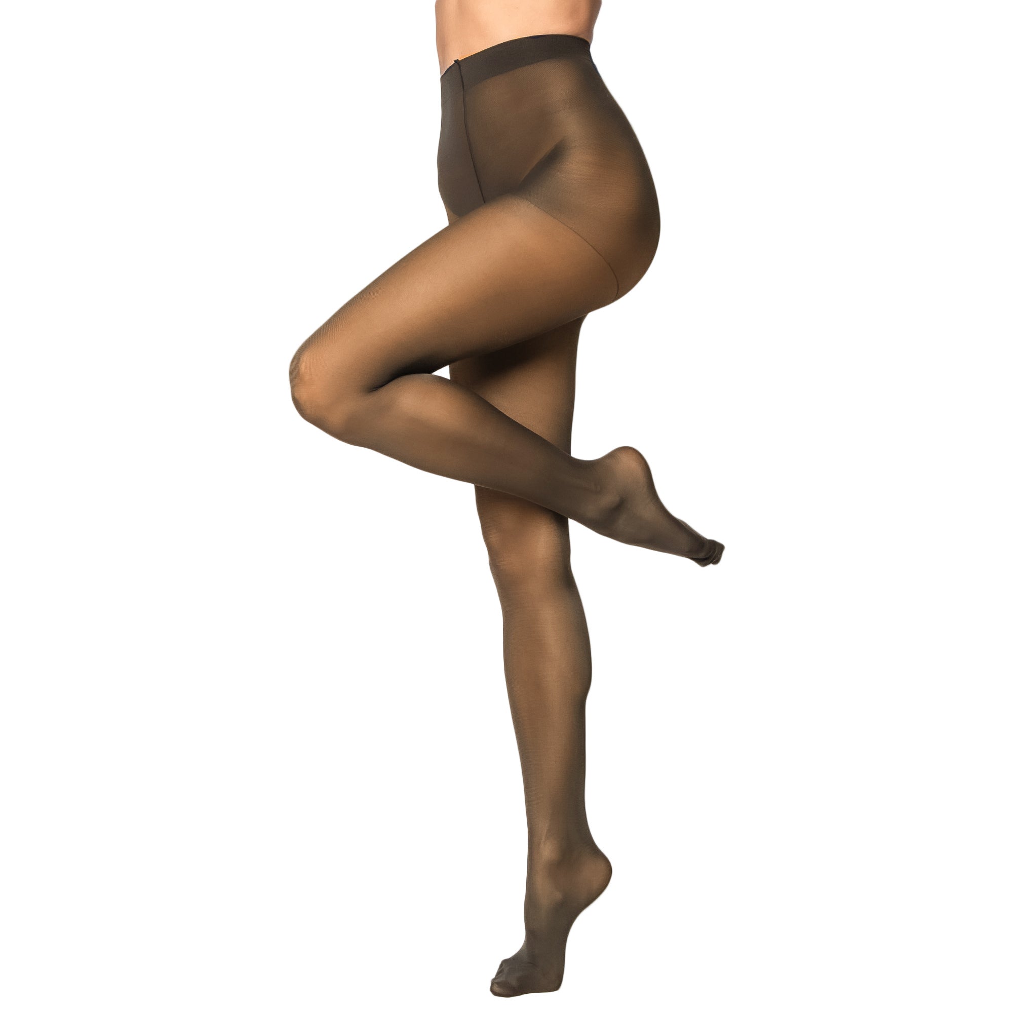 Brown semi-opaque tights worn by a model on a white background