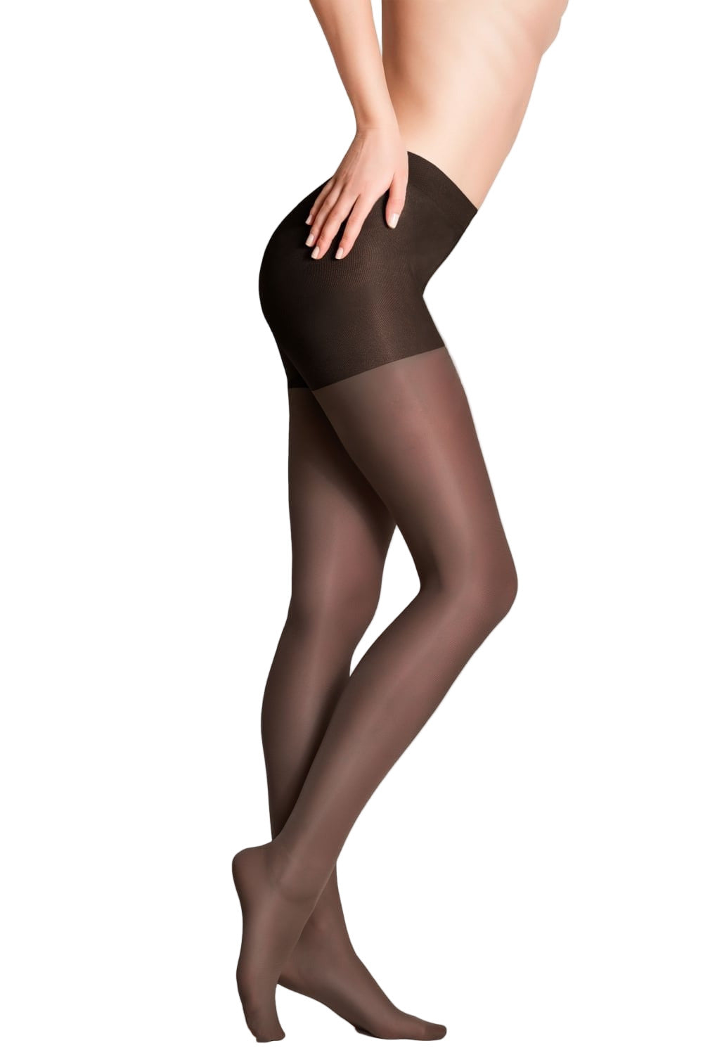 Black tights worn by a person on a white background