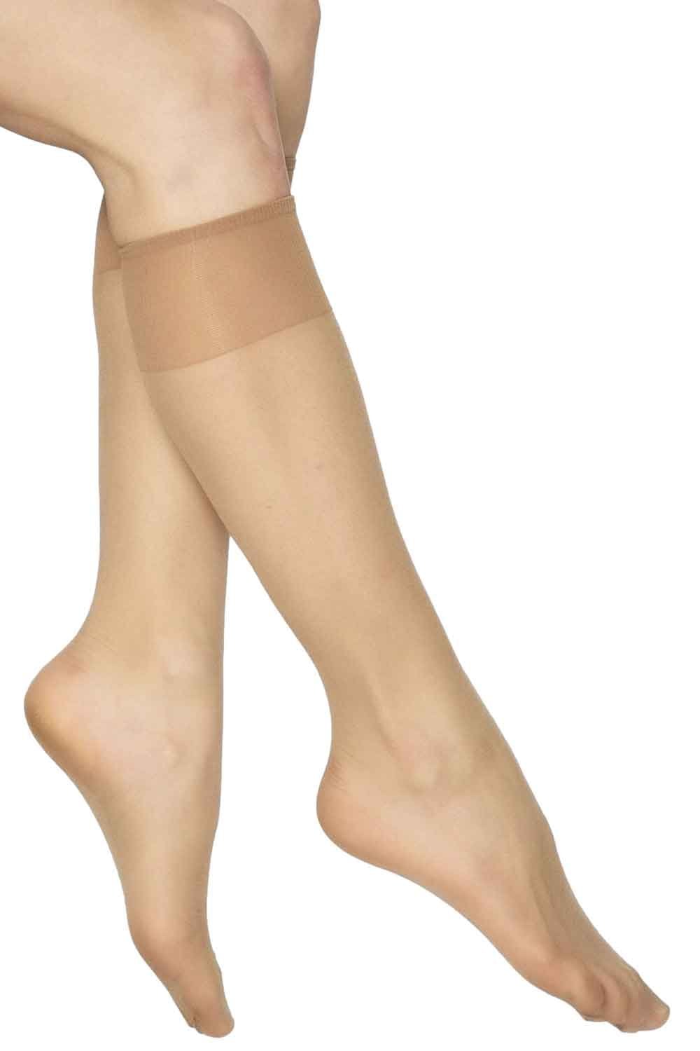Barely there sheer knee highs being worn on a white background