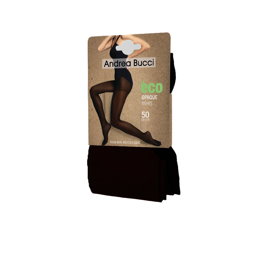 Brown tights with Andrea Bucci packaging on a white background
