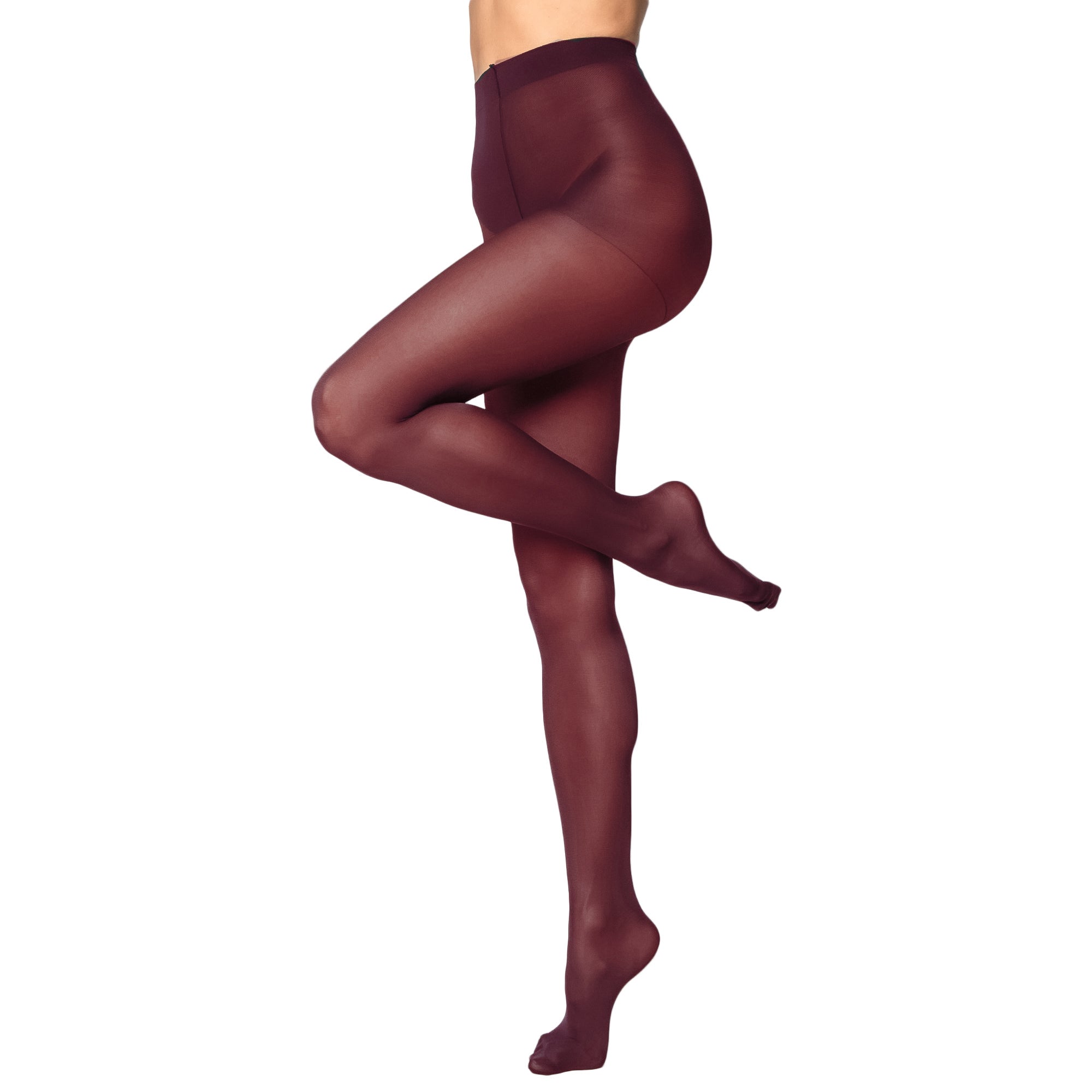 Burgundy  tights worn by a person on a white background