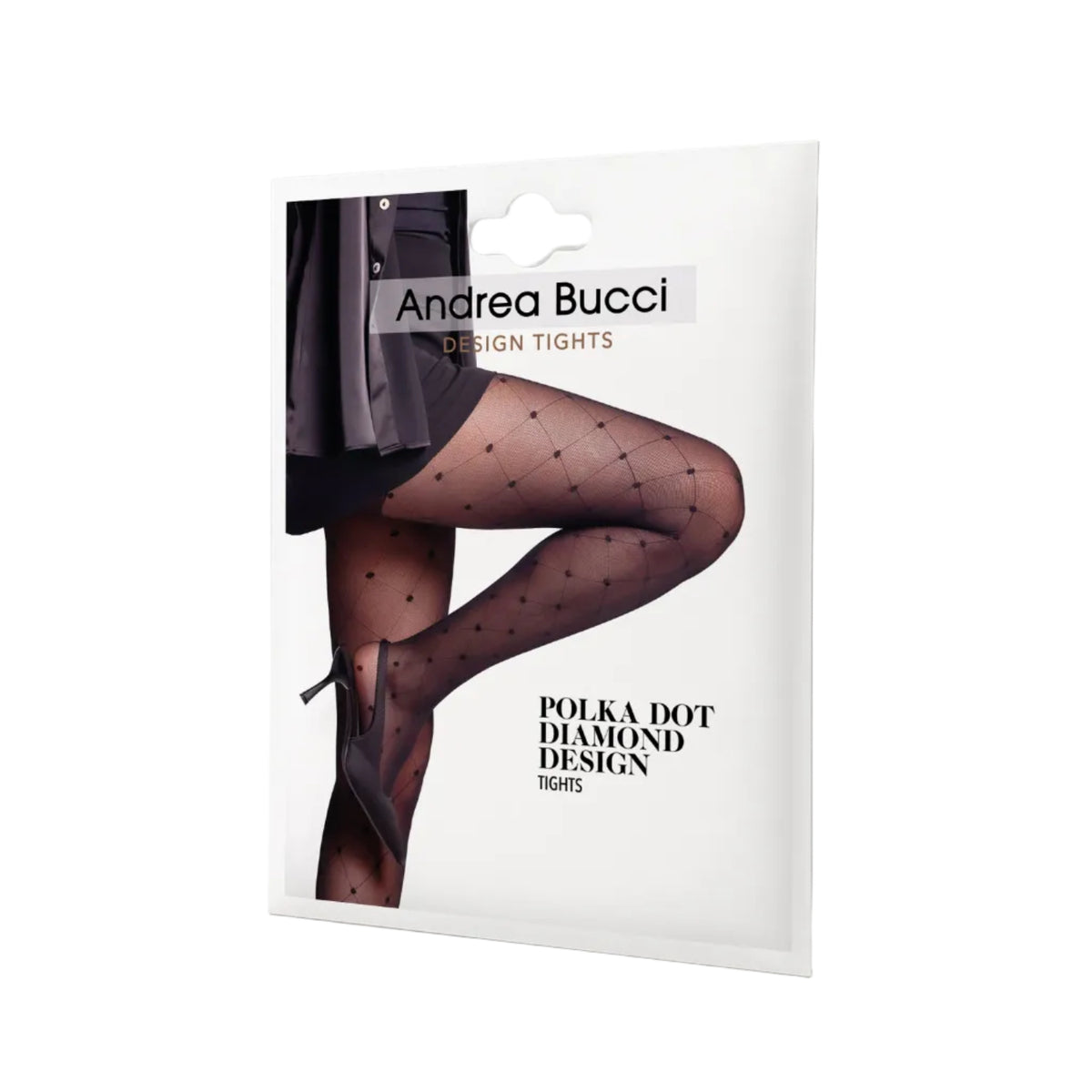 Andrea Bucci polka dot diamond design tights in a white package, showing a model's legs wearing sheer black tights with small black dots and diamond patterns.