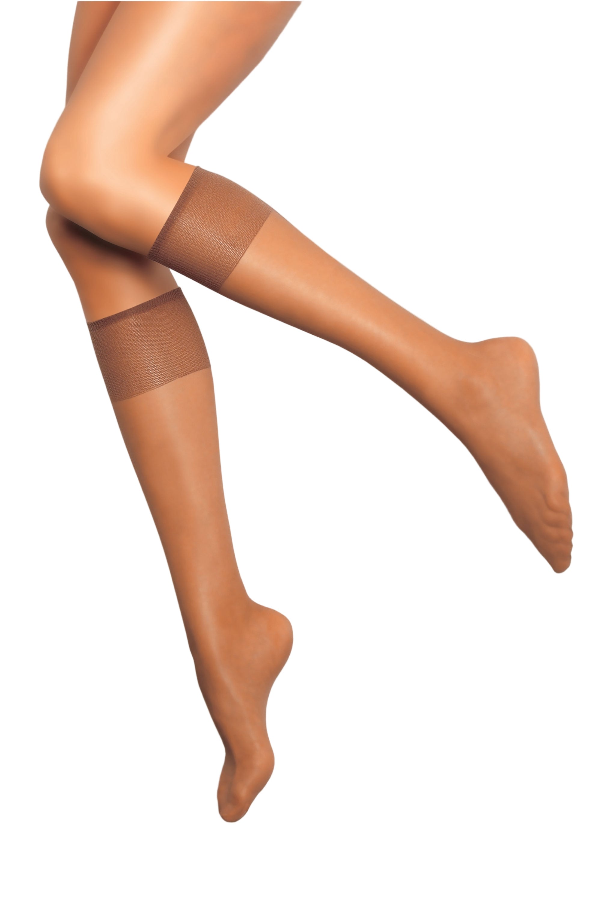 Natural silk sheen knee highs  being worn on a white background