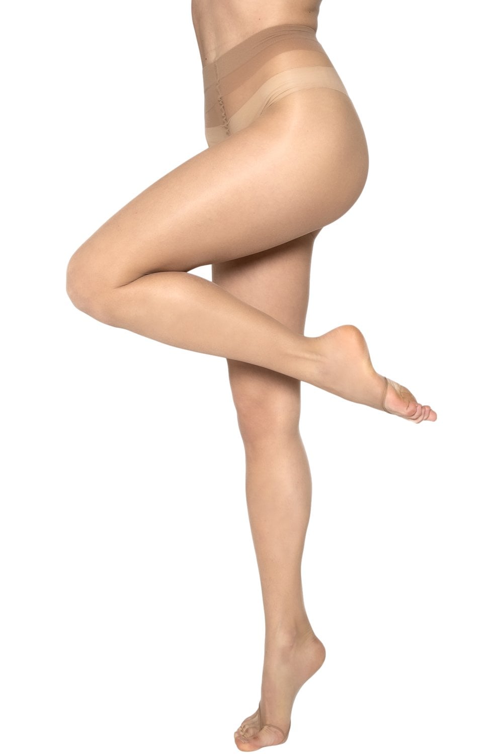 Beige sheer open toe tights worn by a model on a white background
