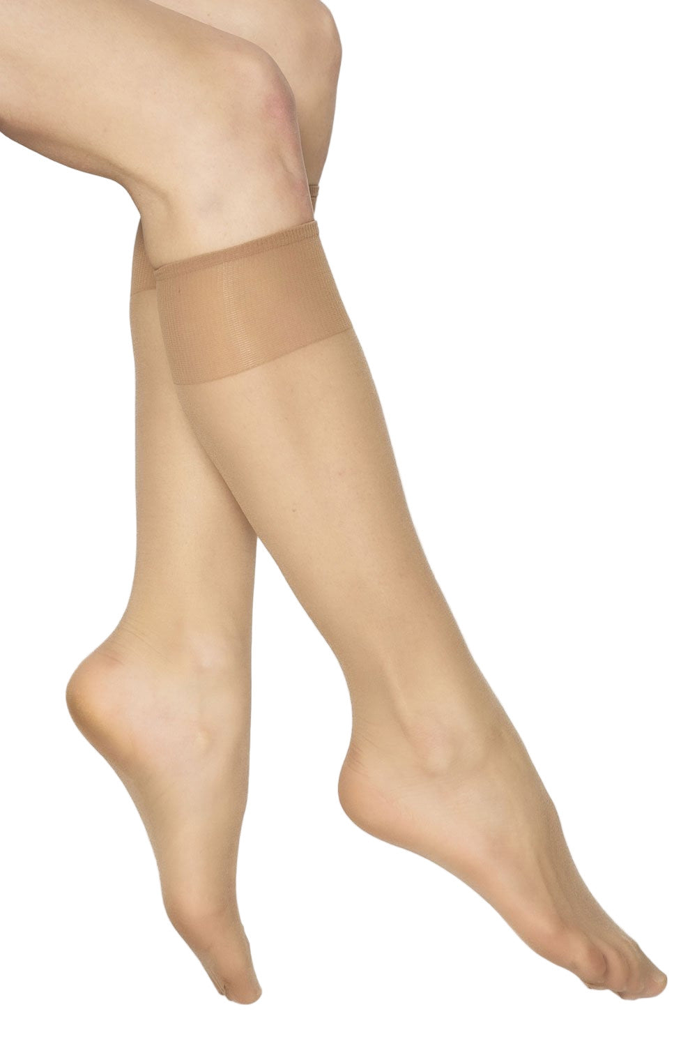 Sheer summer knee highs worn by a person on a white background