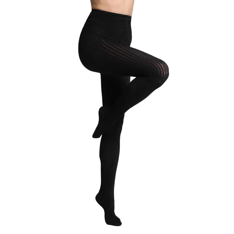 Black ribbed tights worn by a model, shown from the waist down in a side profile with one leg bent upward.