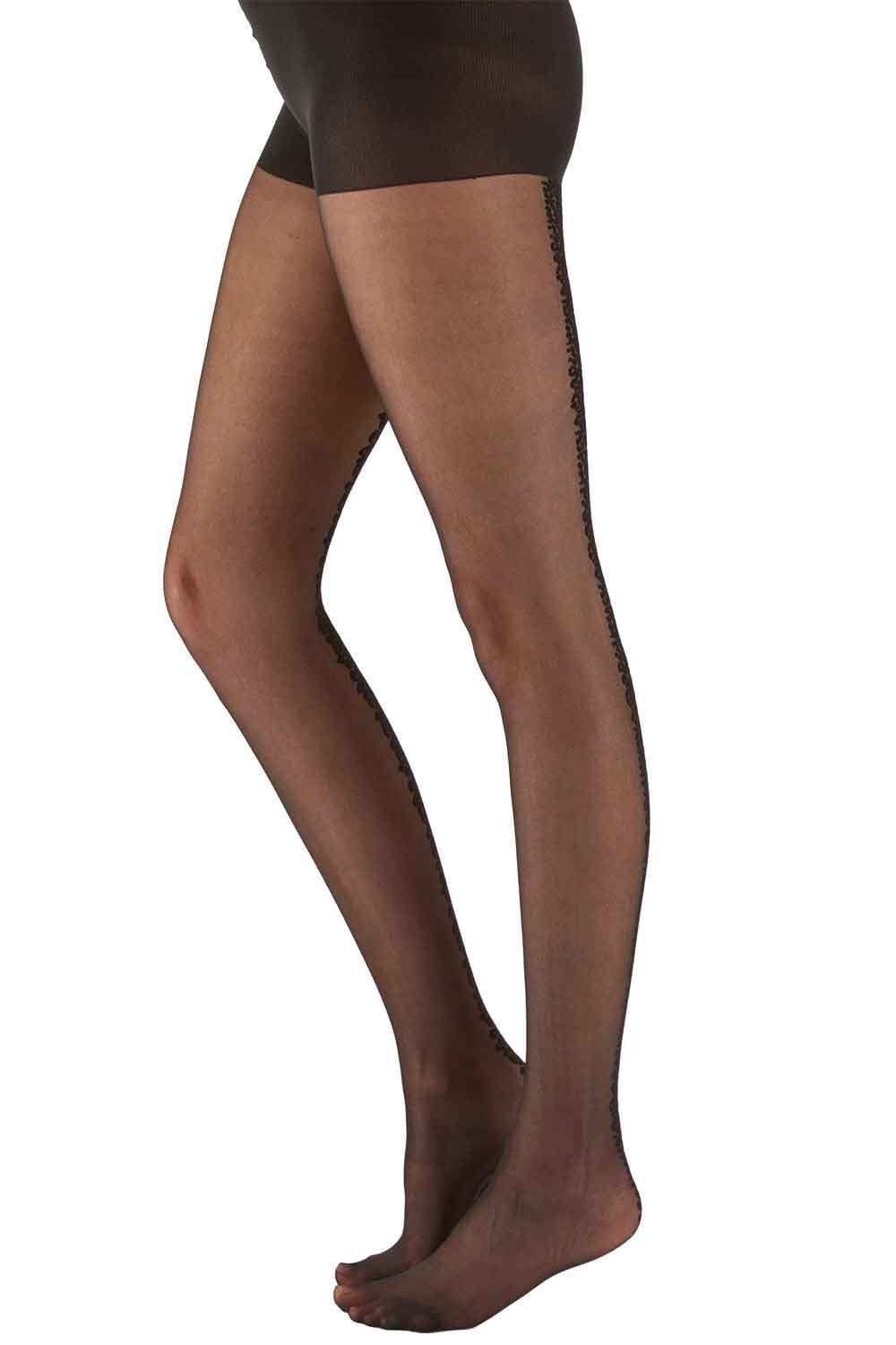 Black backseam tights worn by a person on a white background