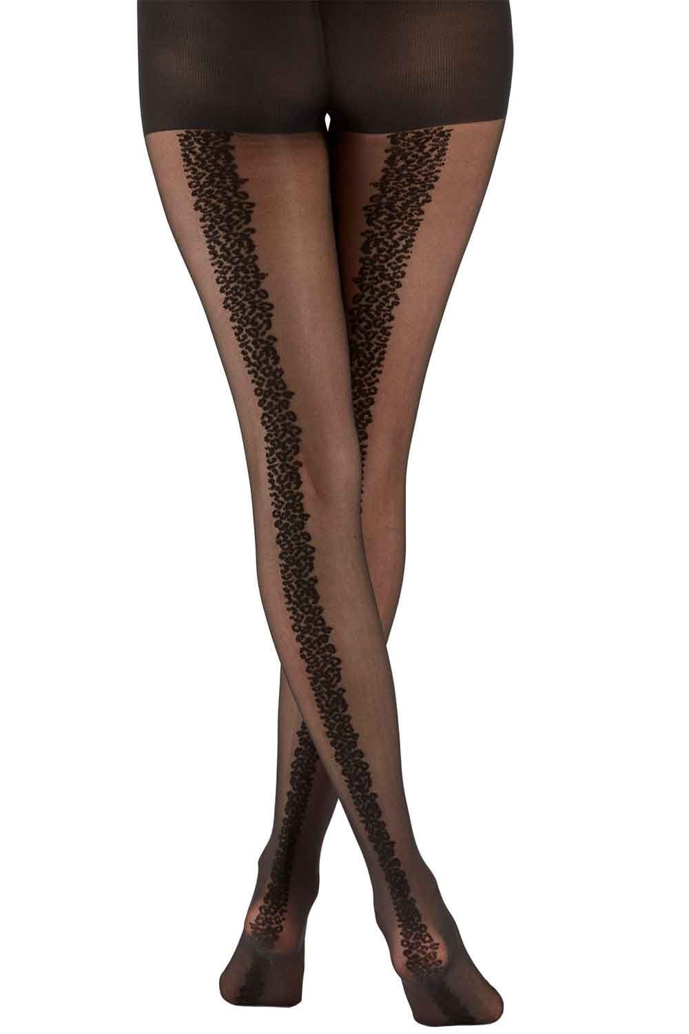 Black tights with patterned backseam on a white background