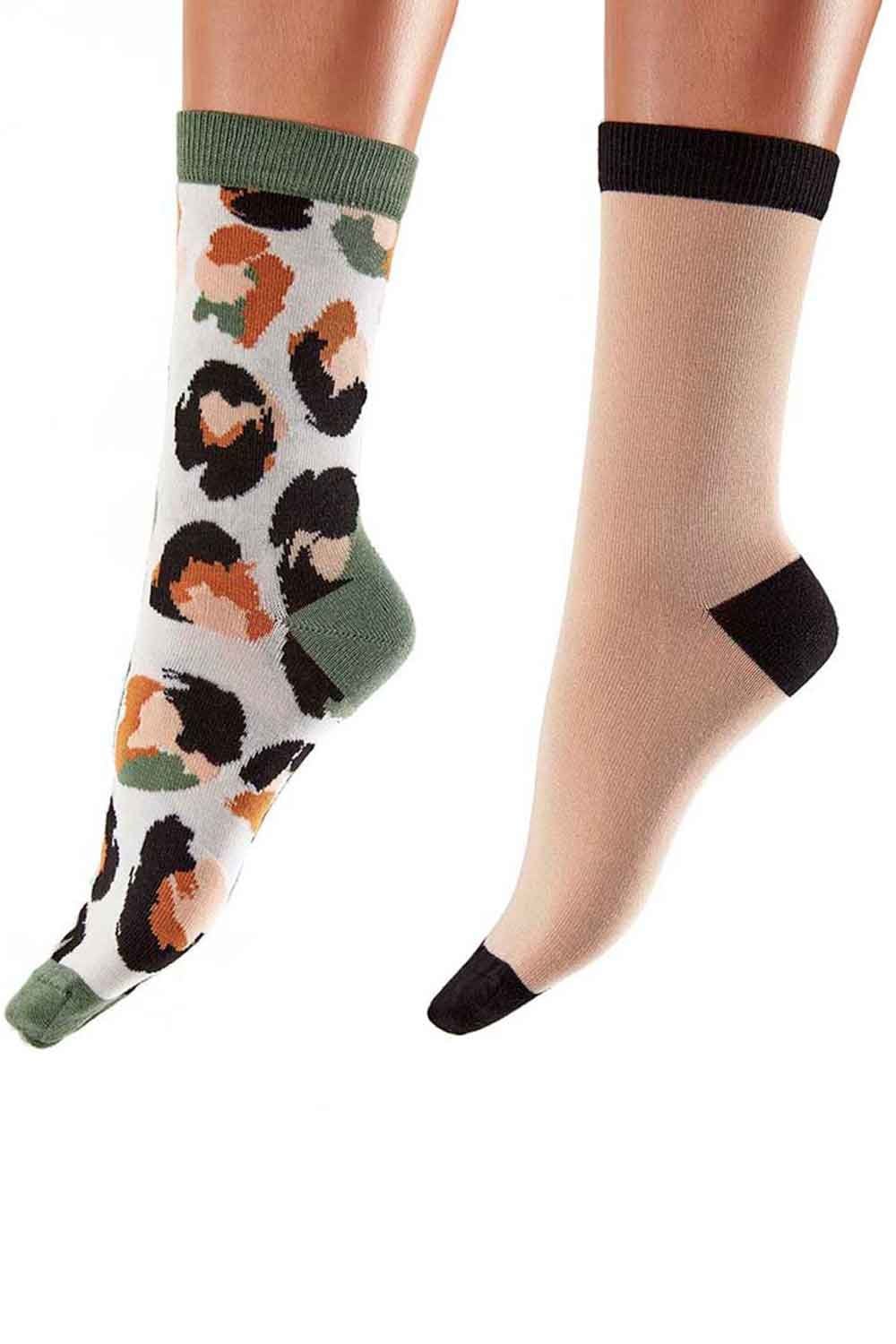 Colorful sock with animal pattern and plain sock with black toe, heel and cuff worn by a person on a white background