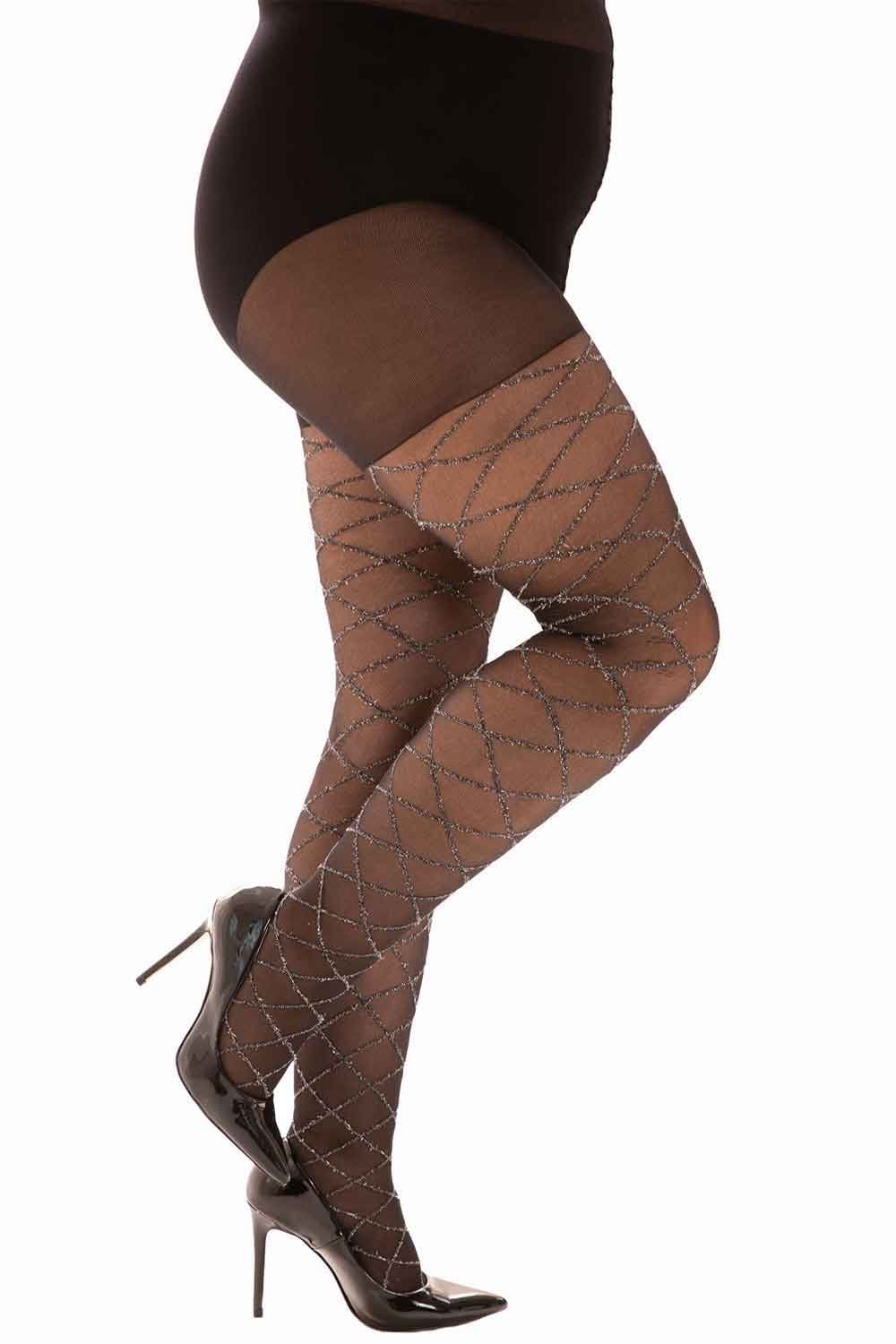 Argyll super curvy stretch tights worn with high-heeled shoes on a white background