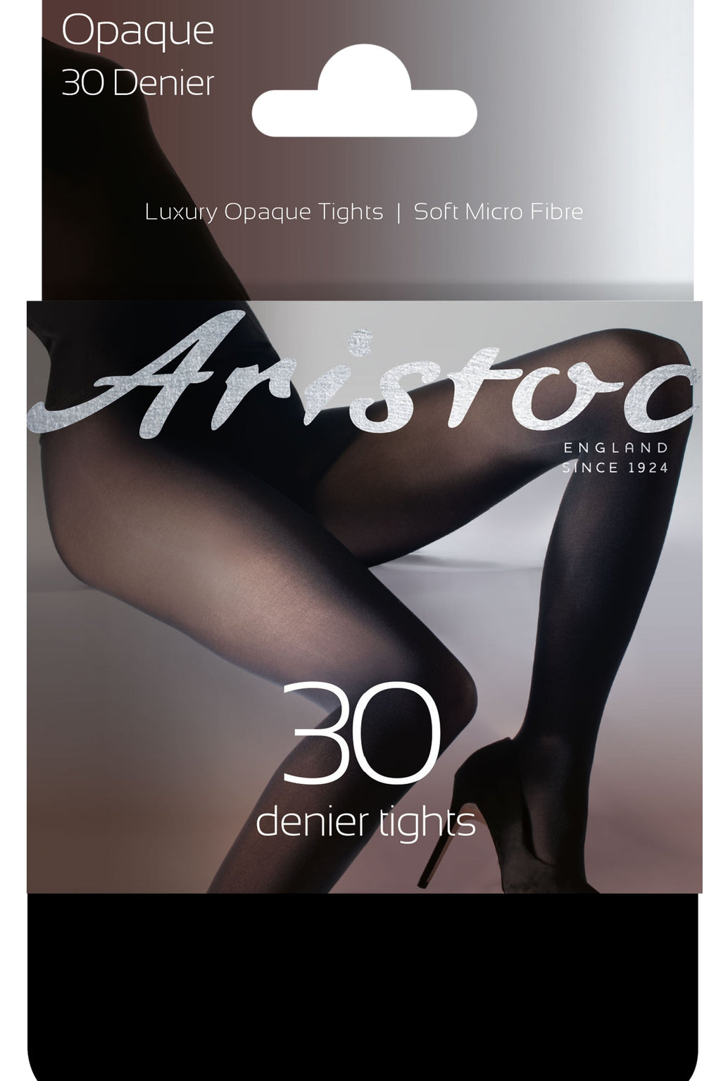 Aristoc 30 denier opaque tights packaging with a blurred background