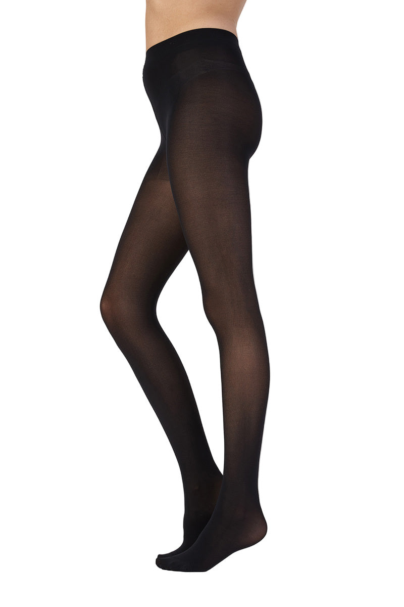 Black tights worn by a person on a white background