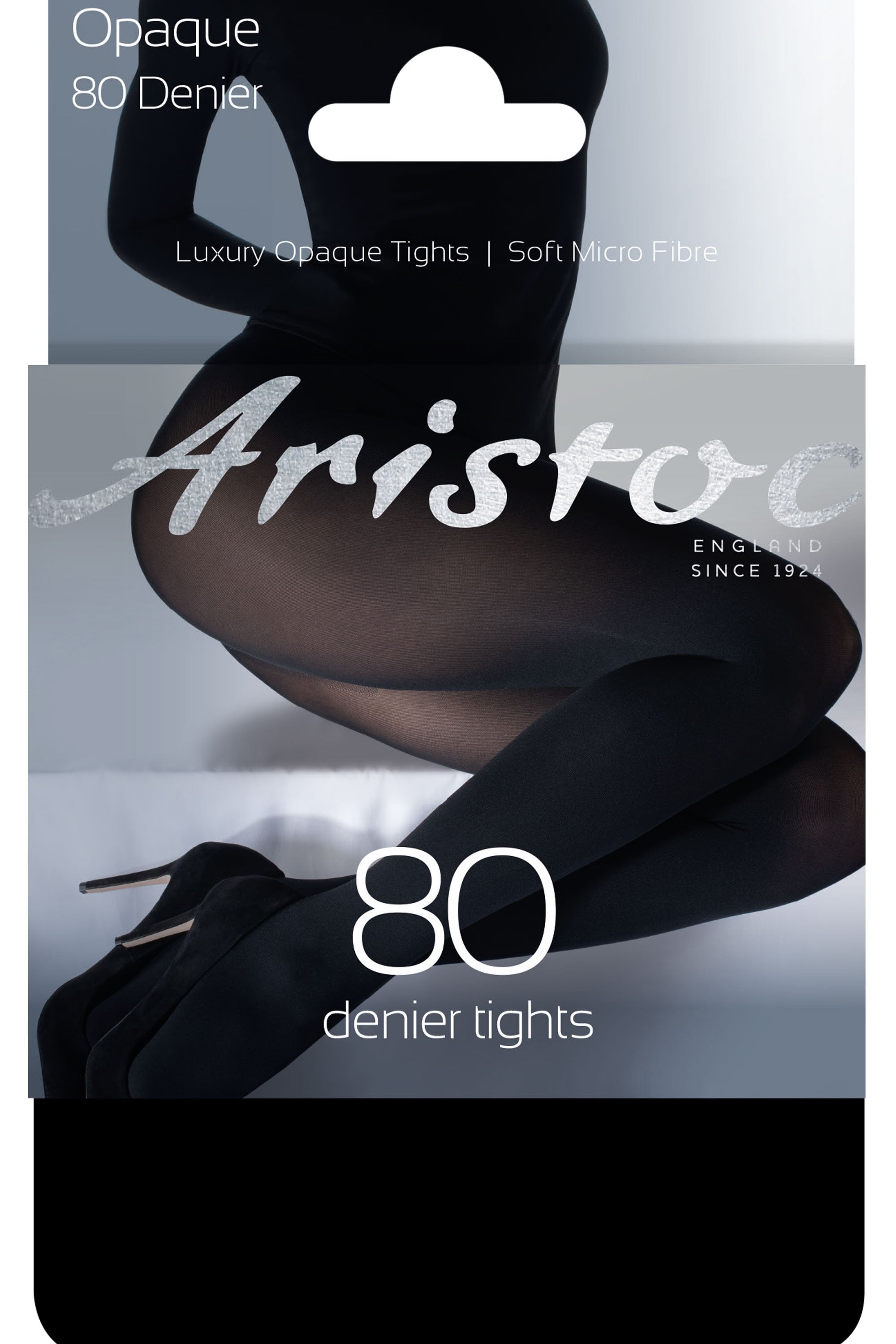 Aristoc 80 denier opaque tights packaging with a clear window showing the tights.