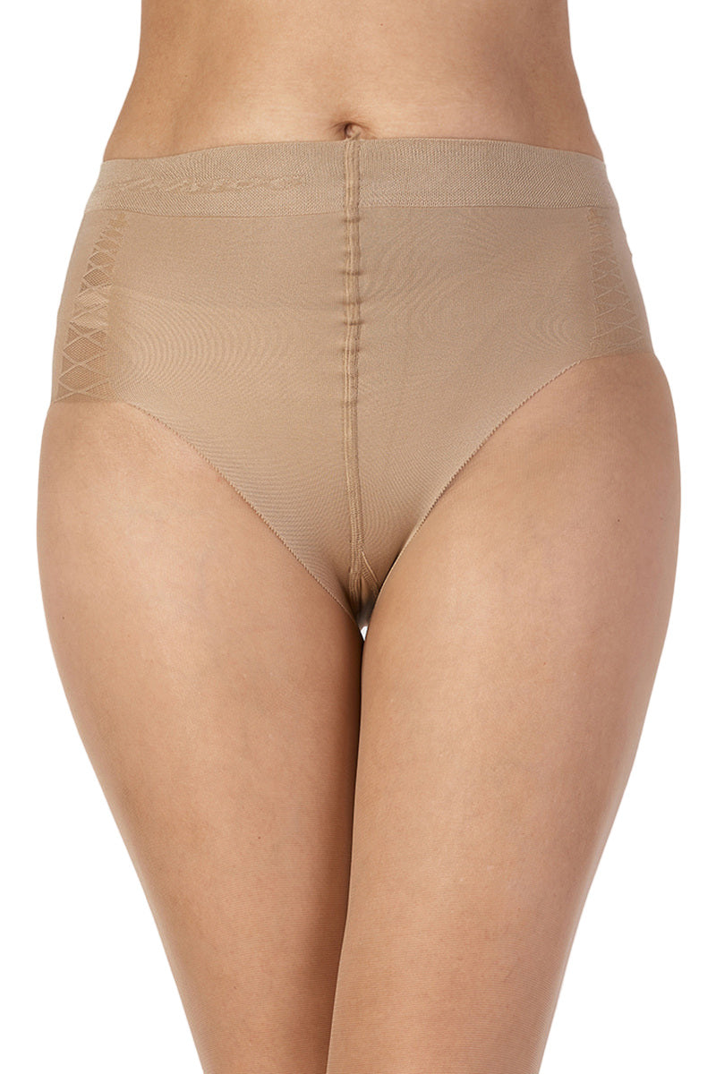 Nude tights being worn on a white background