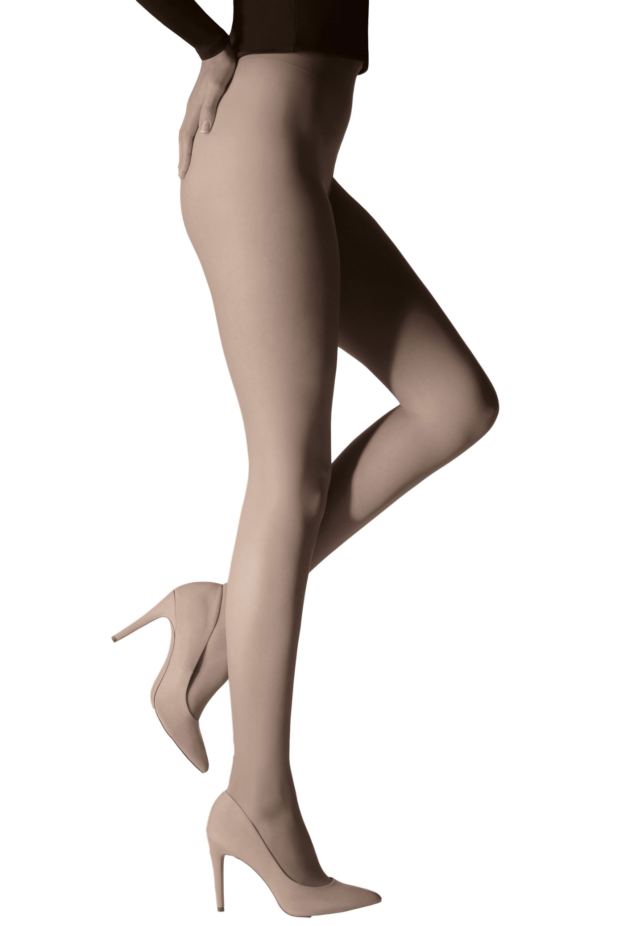 Light nude tights worn by a person with high-heeled shoes on a white background