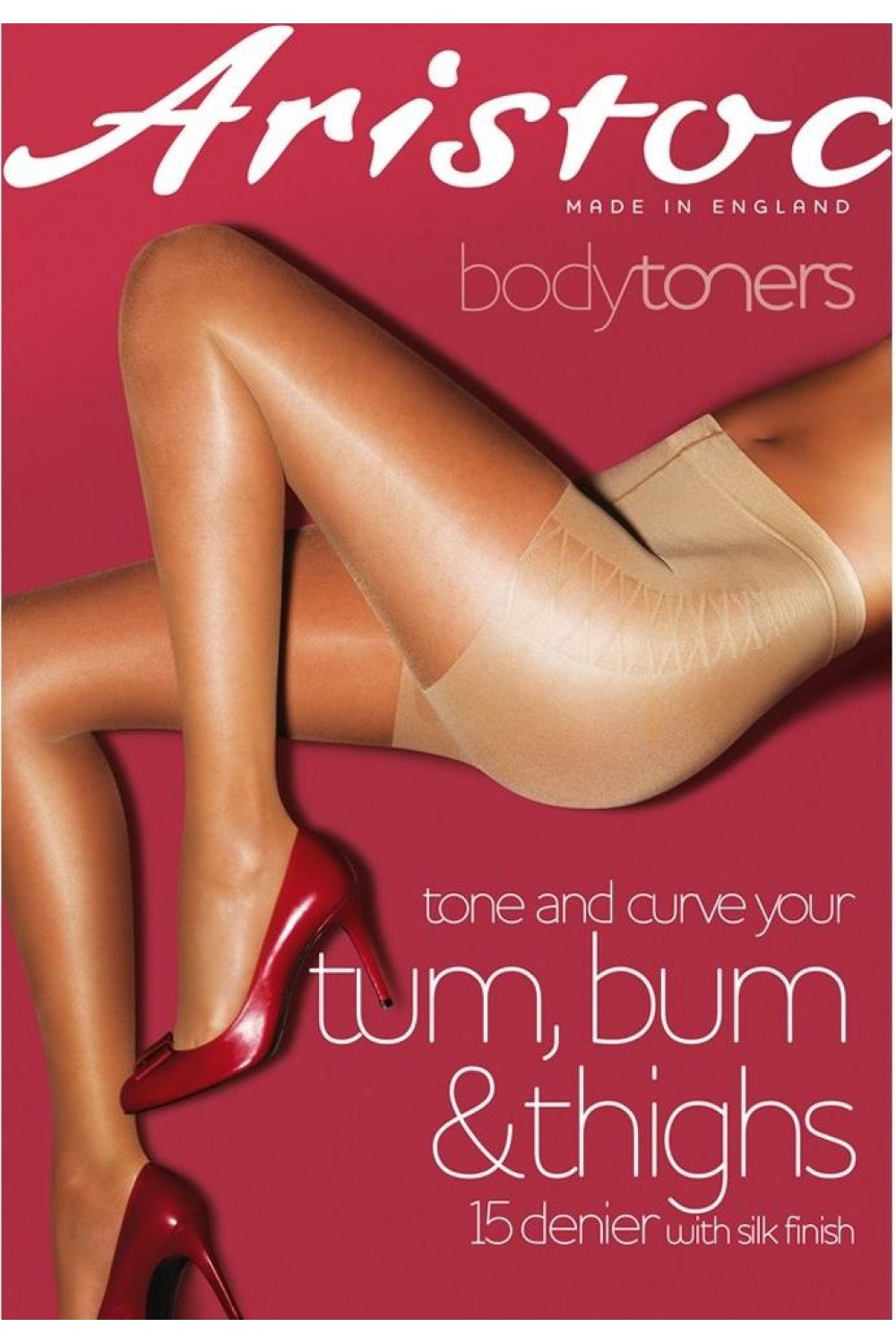 Aristoc body toners advertisement with a model wearing nude tights  and red high heels on a red background.