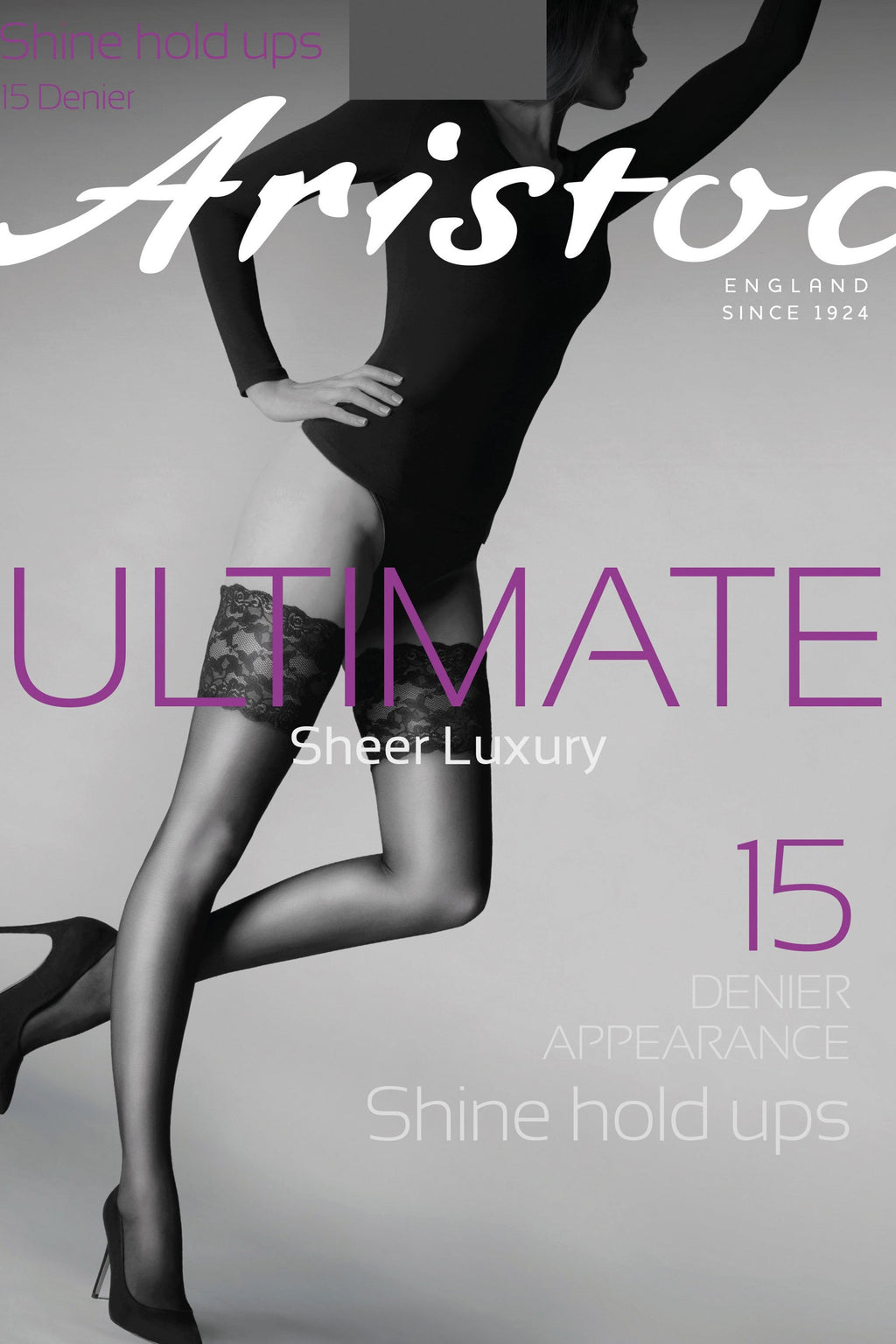 Aristoc sheer hold-ups advertisement with a model wearing them on a gray background.