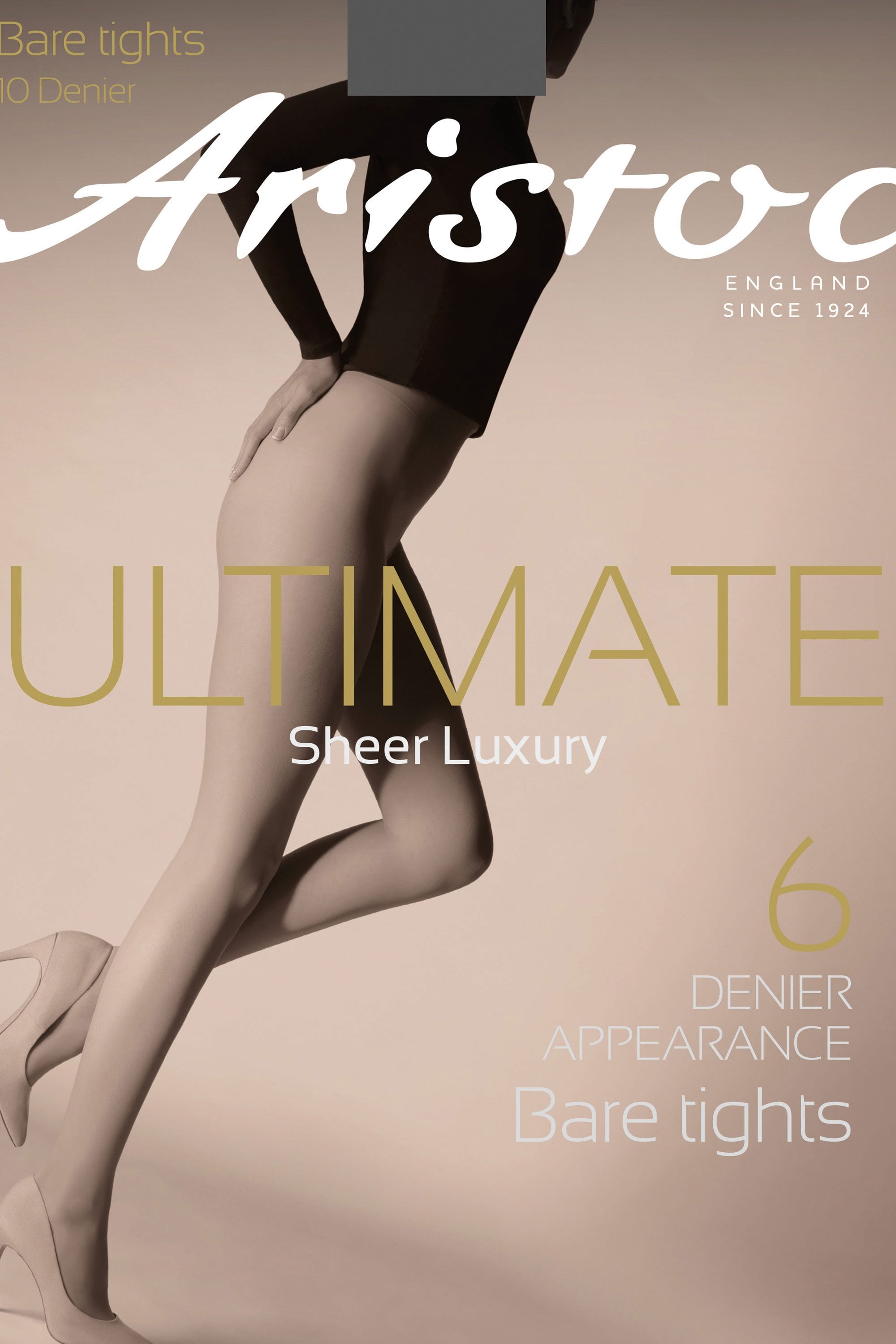 Advertisement for Aristoc sheer luxury tights with a model wearing them.