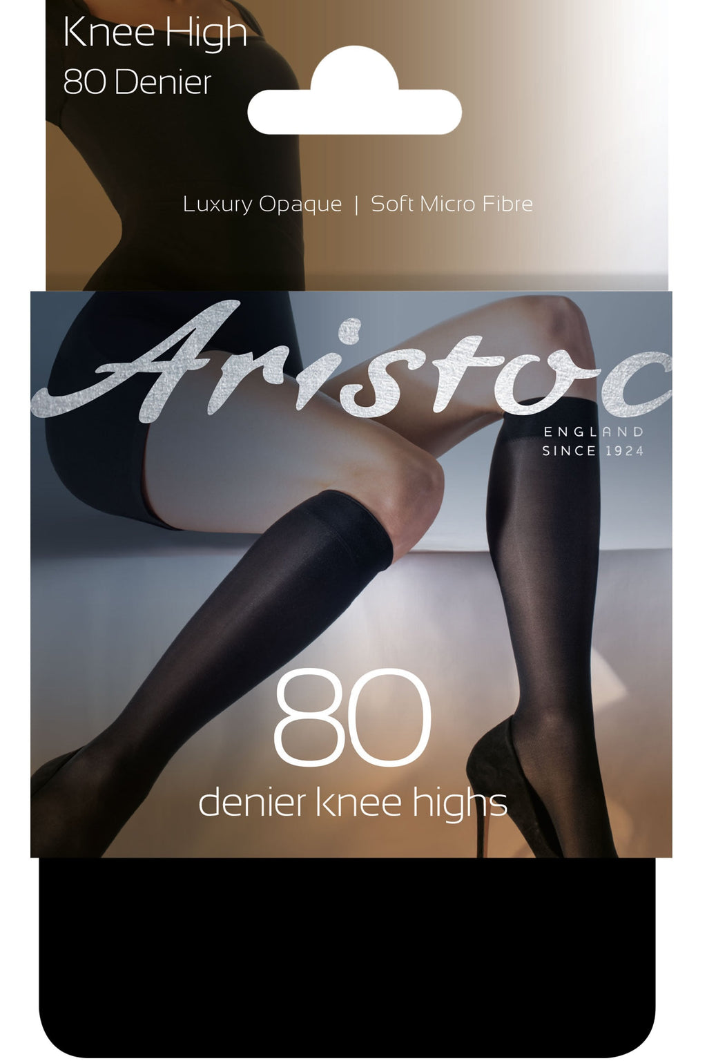 Aristoc 80 denier knee high packaging with a blurred background