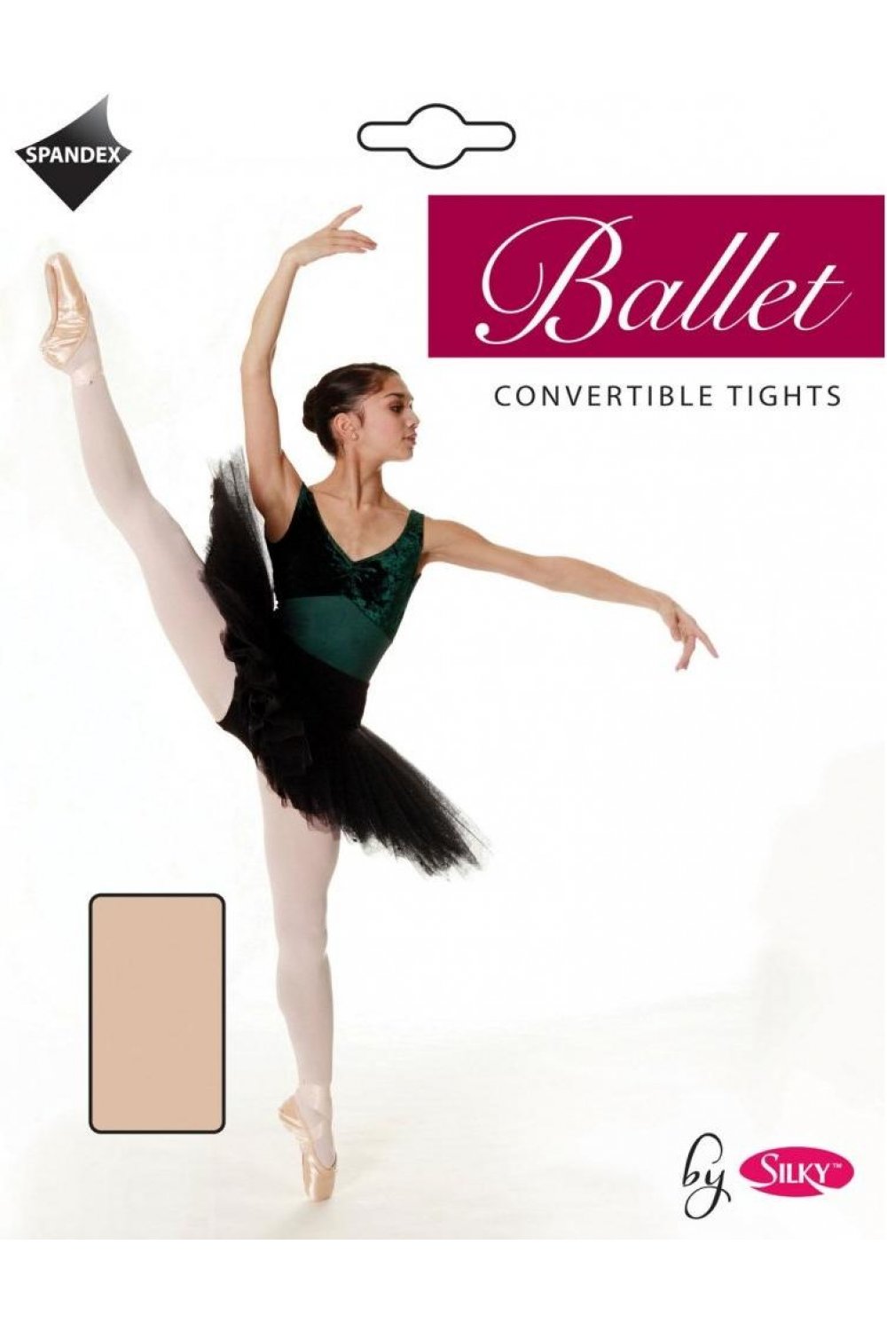 Ballet dancer in tutu with Silky ballet tights packaging on a white background