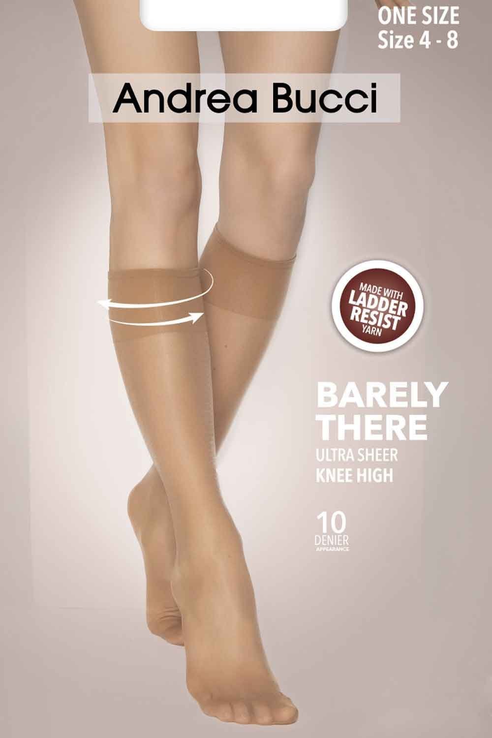 Andrea Bucci barely there ultra sheer knee high socks on a beige background