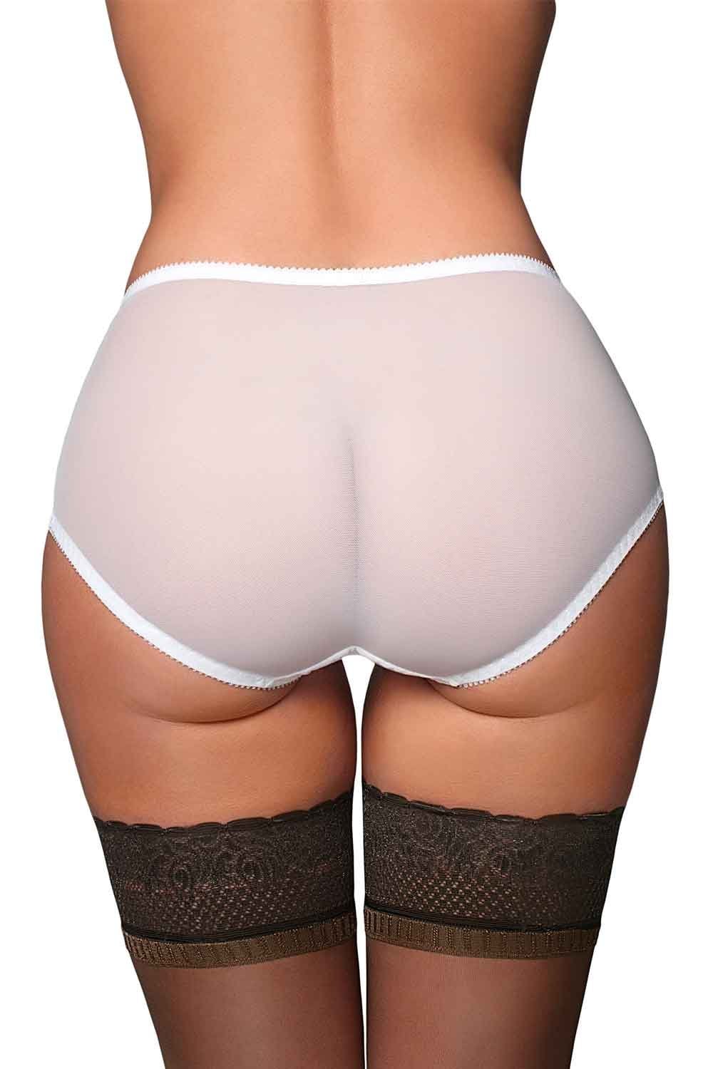 White sheer mesh knickers worn by a person with black hold ups on a white background