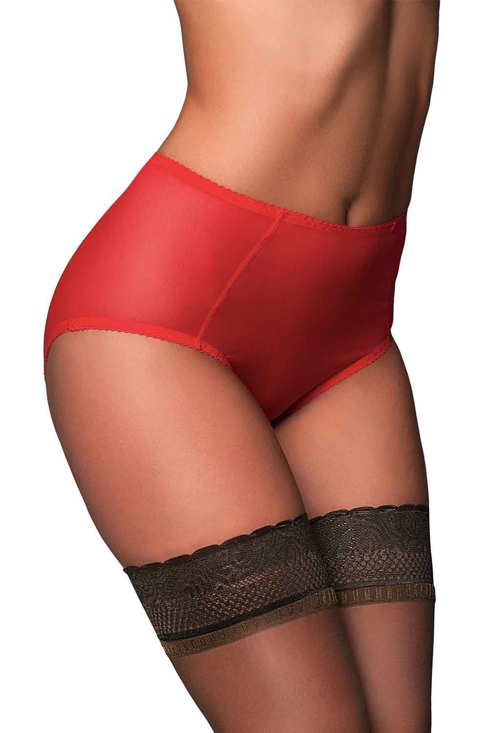 Red sheer mesh knickers  worn by a person on a white background