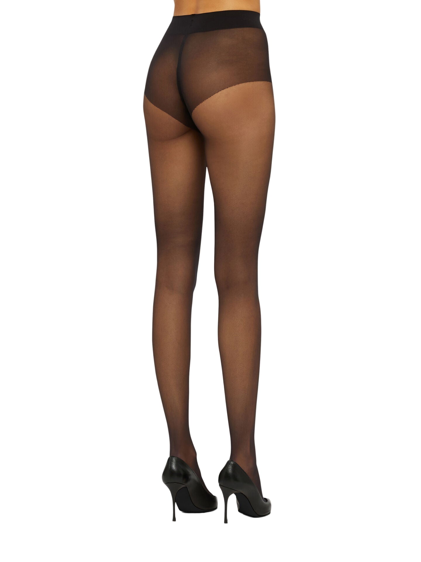 Black sheer tights worn by a model on a white background