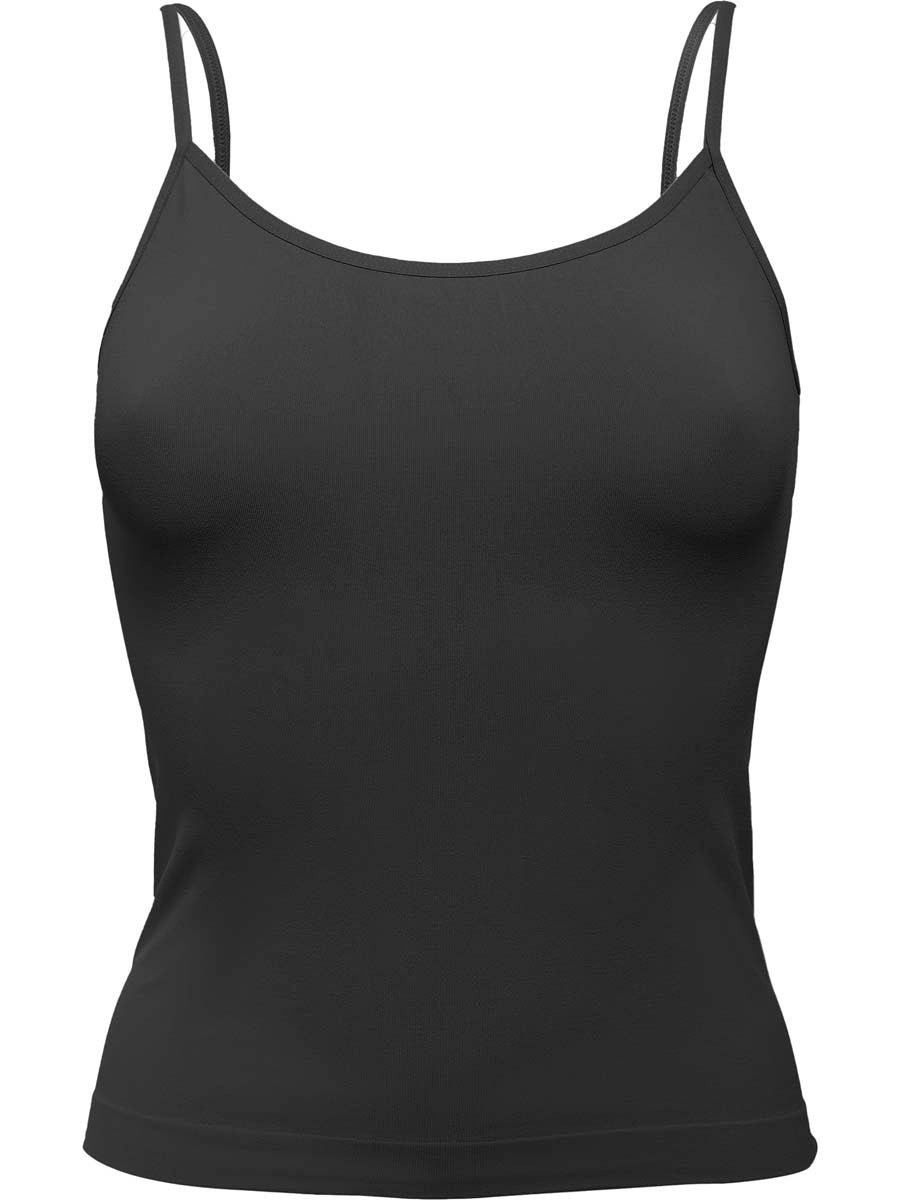 Black cami vest with thin straps on a white background