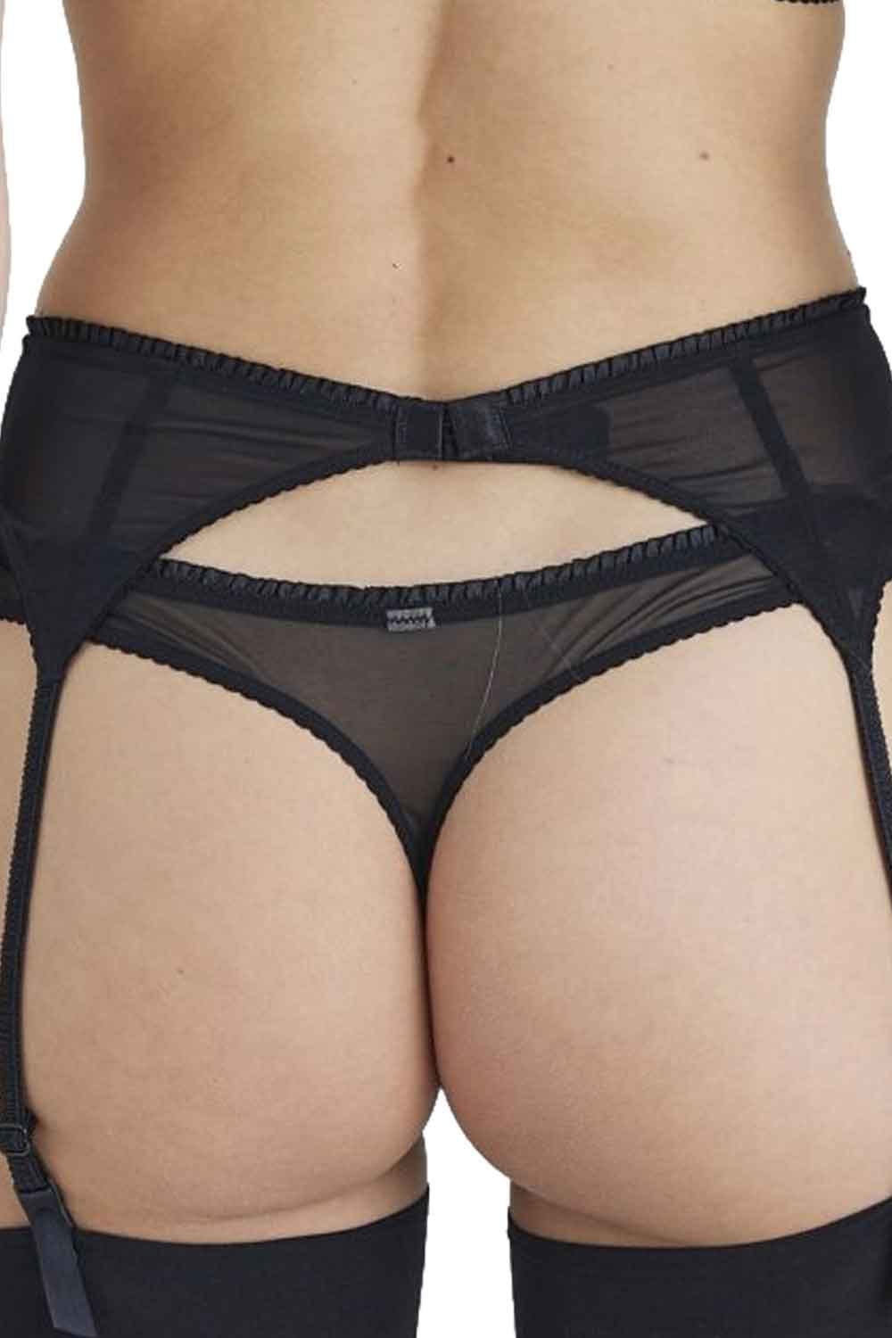 Black mesh lingerie set with suspender belt  on a white background