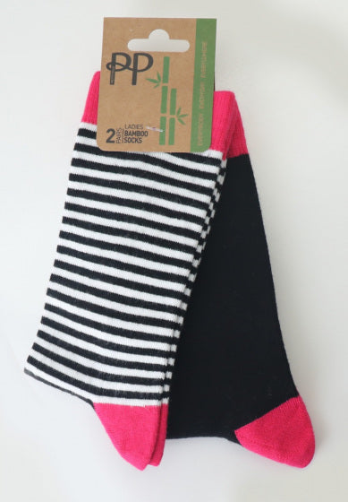 Striped and plain black bamboo socks with pink heels and toes on a white background, featuring a P.P. brand tag. 