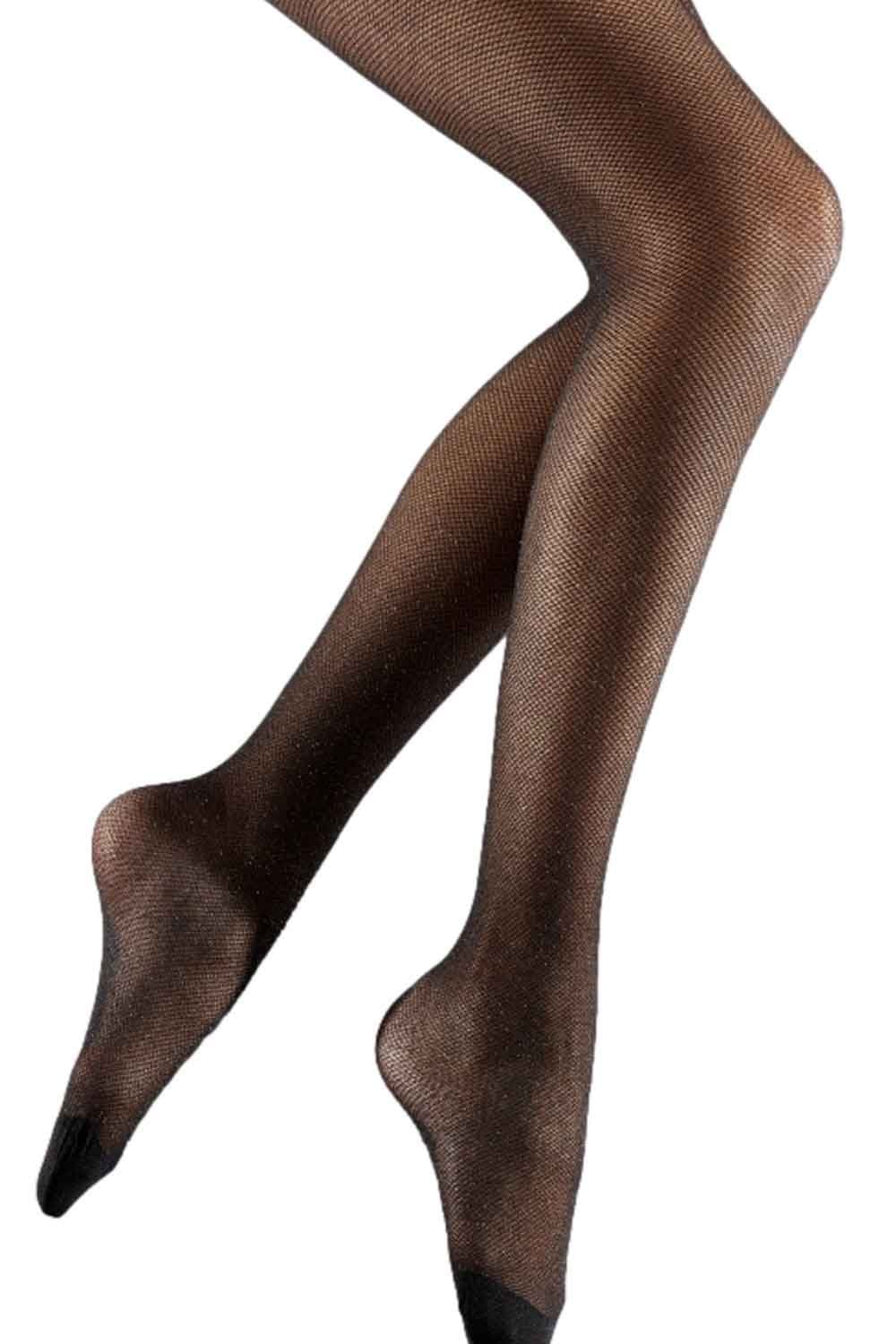 Black/silver fishnet tights on a white background