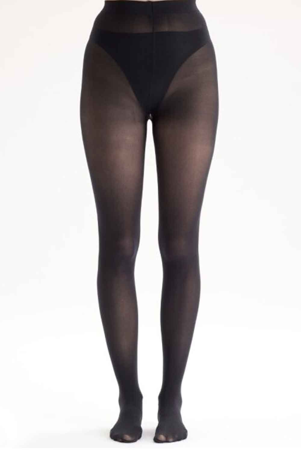Black sheer tights on a white background with backseam stars