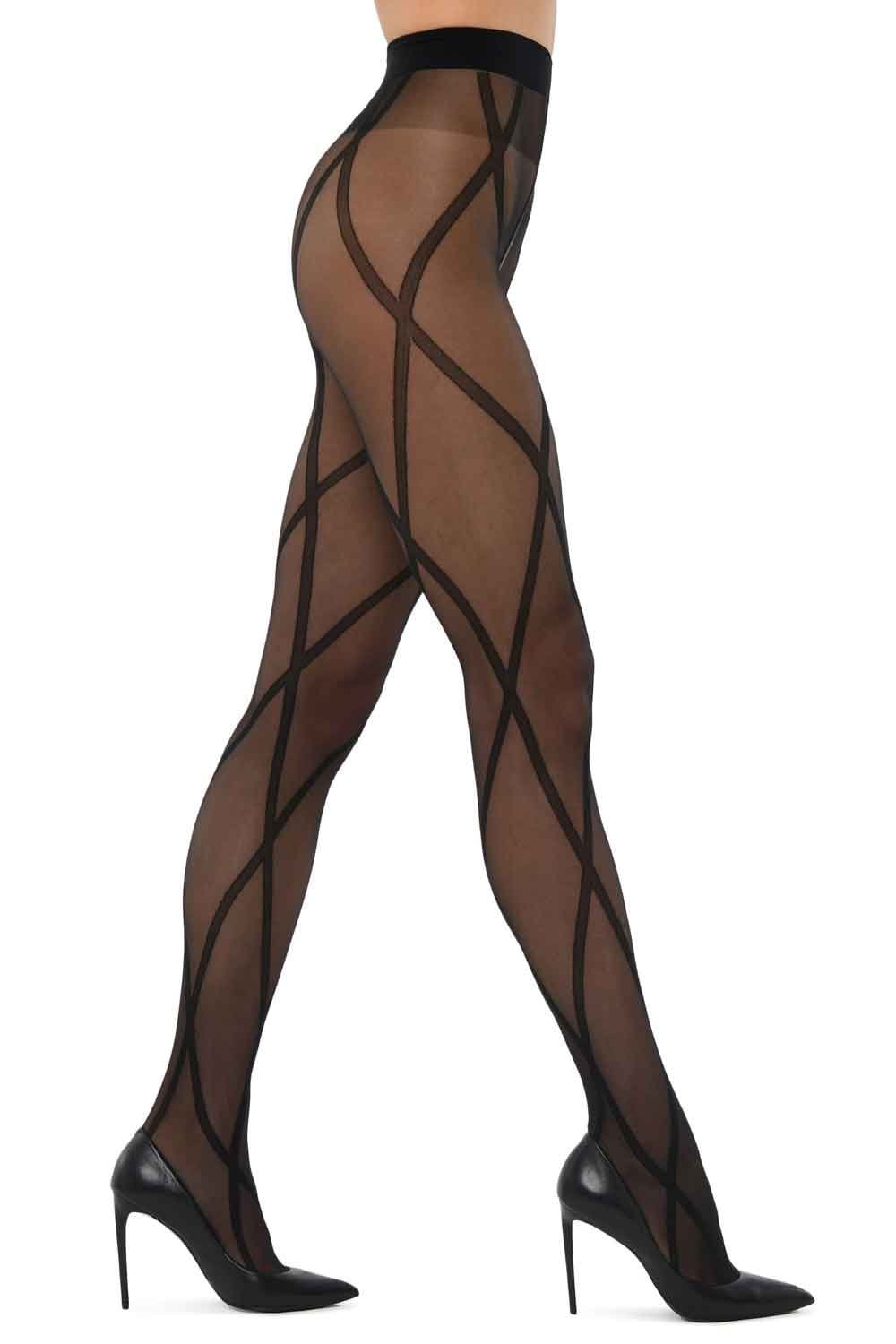 Black sheer tights with geometric diamond pattern worn by a model on a white background