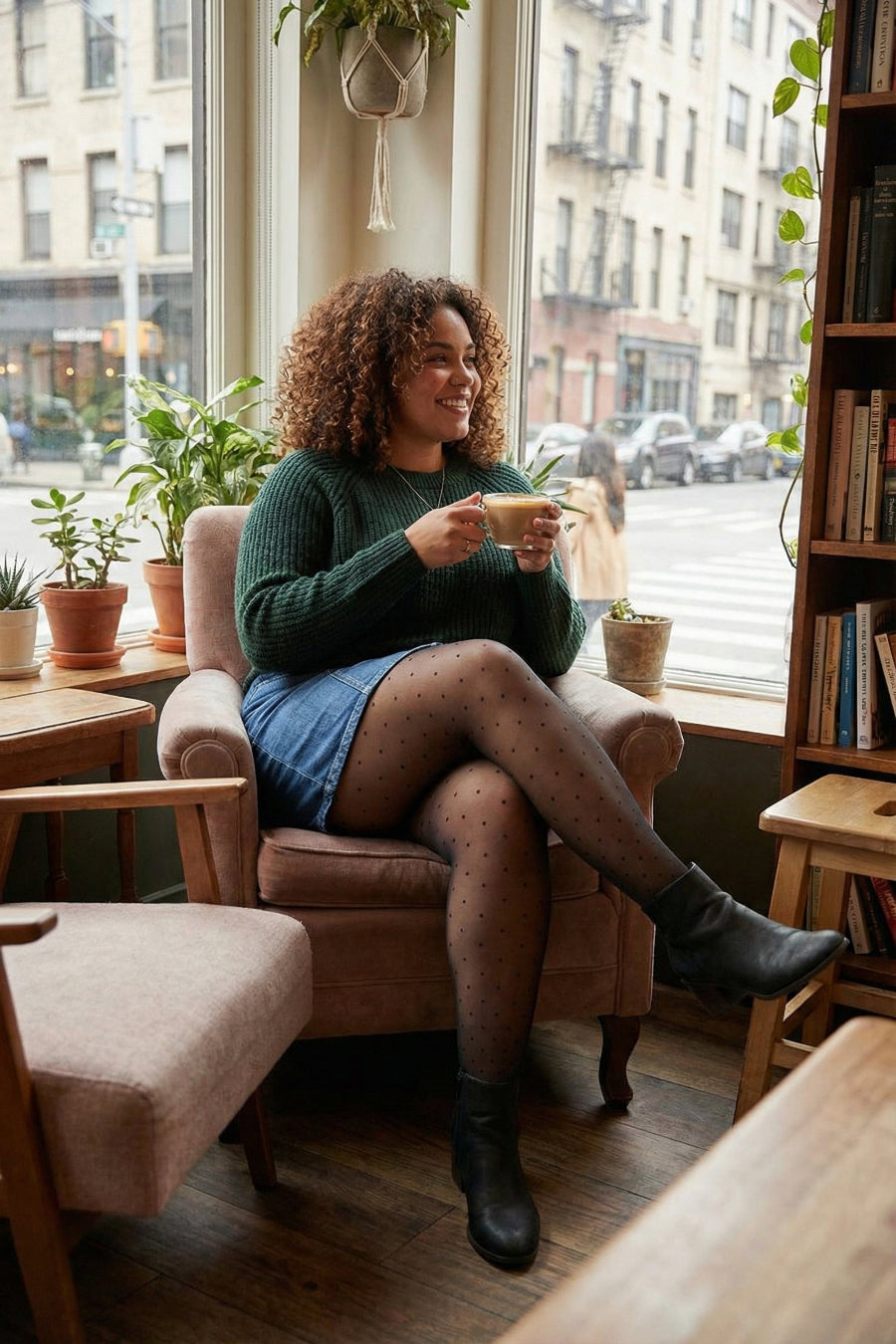 Woman sitting in a cosy cafe wearing polka dot tights