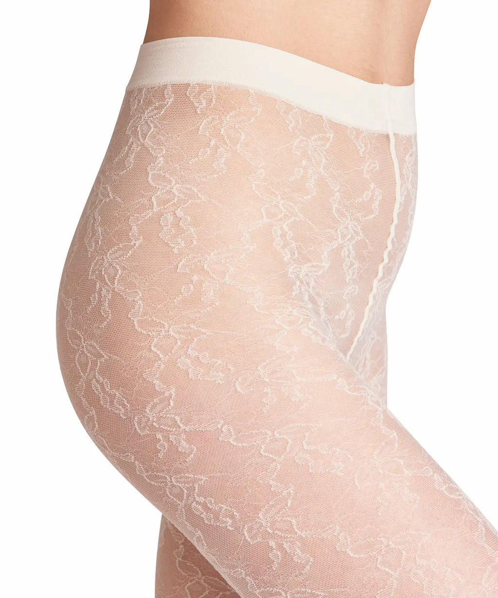 Sheer lace tights with a white waistband on a white background