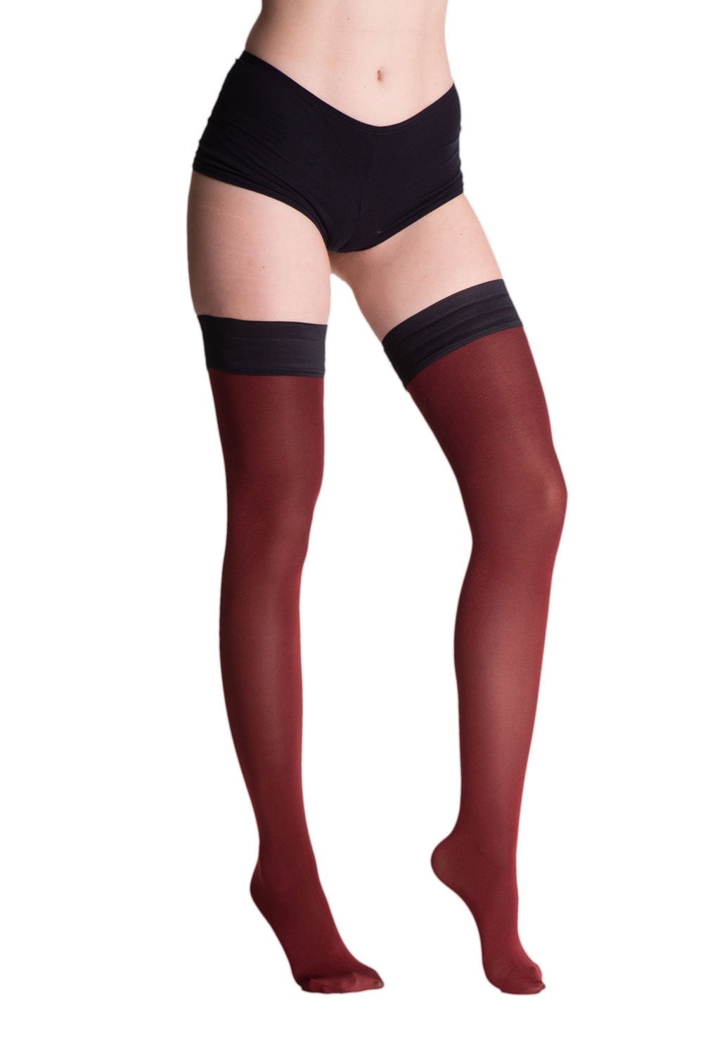 Bordeaux backseam hold ups  with black tops worn by a person on a white background
