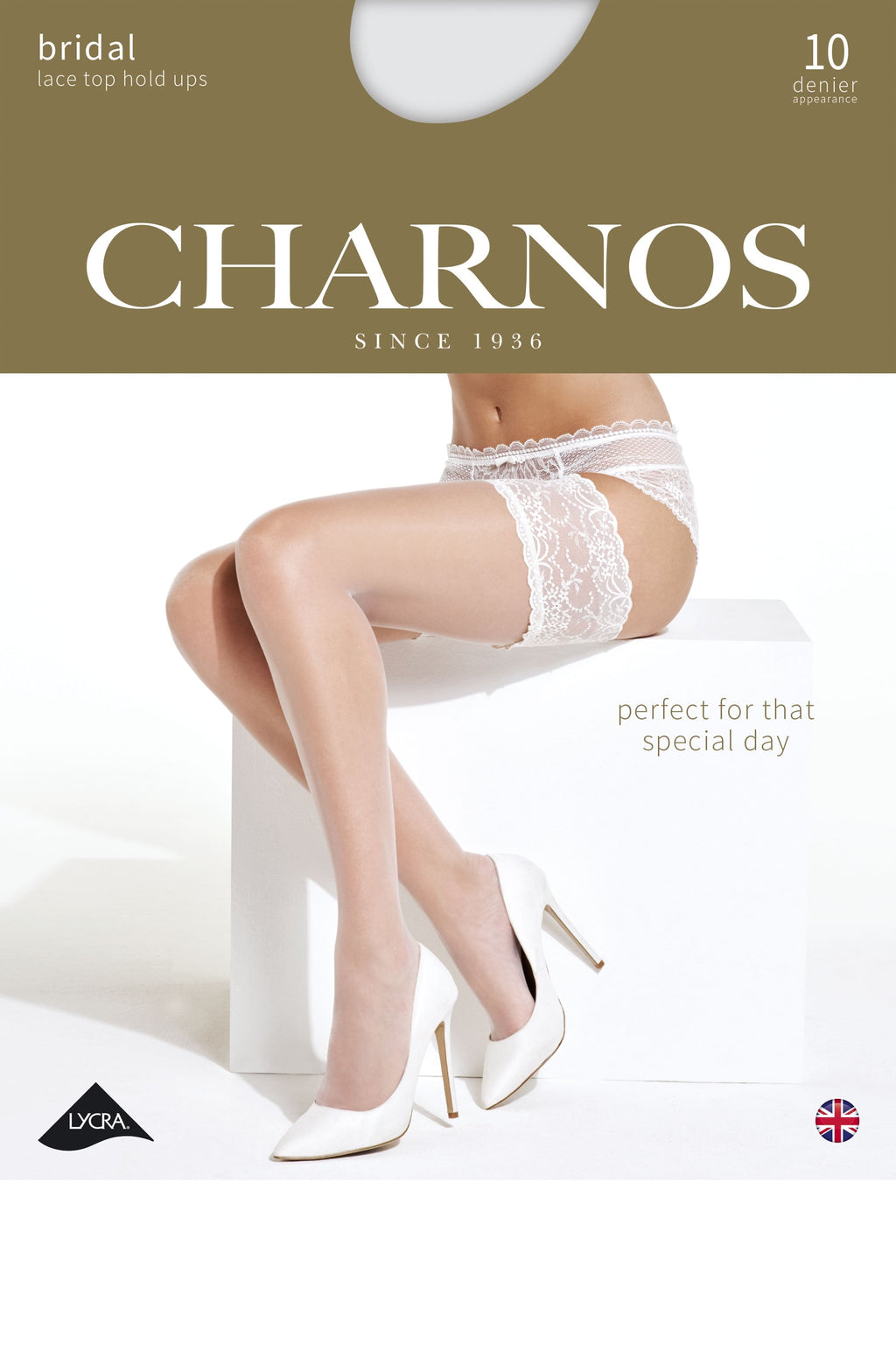 Charnos bridal lace top hold-ups advertisement with a model wearing them