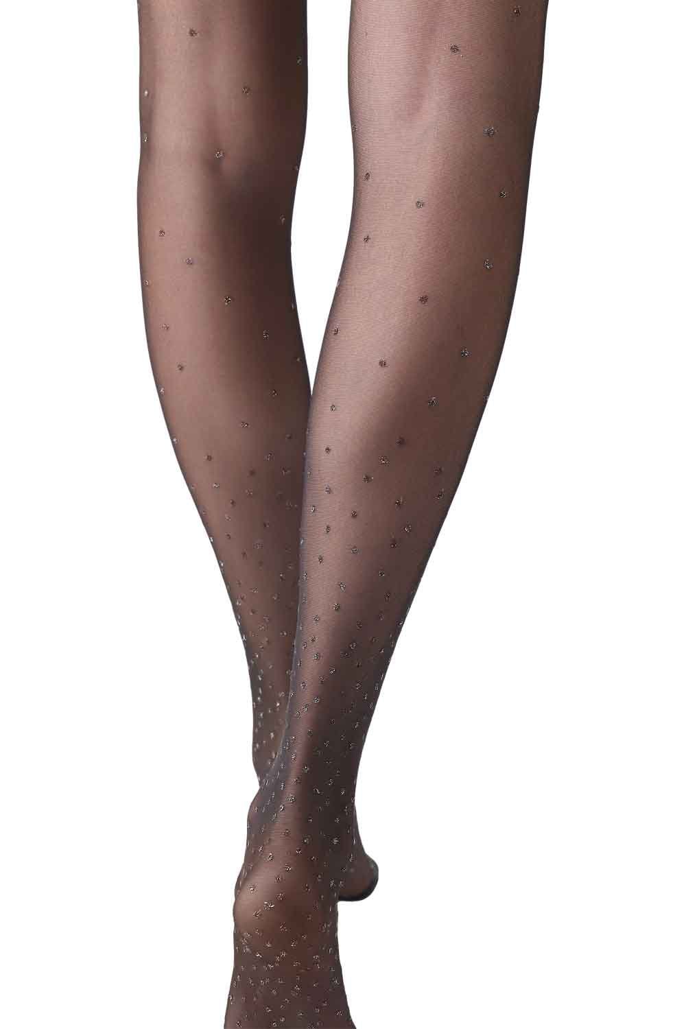 Tights with a sparkly dot pattern on a white background