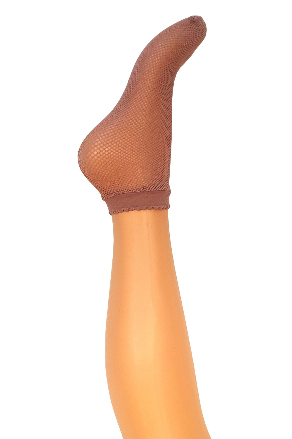 Brown fishnet ankle sock on a white background