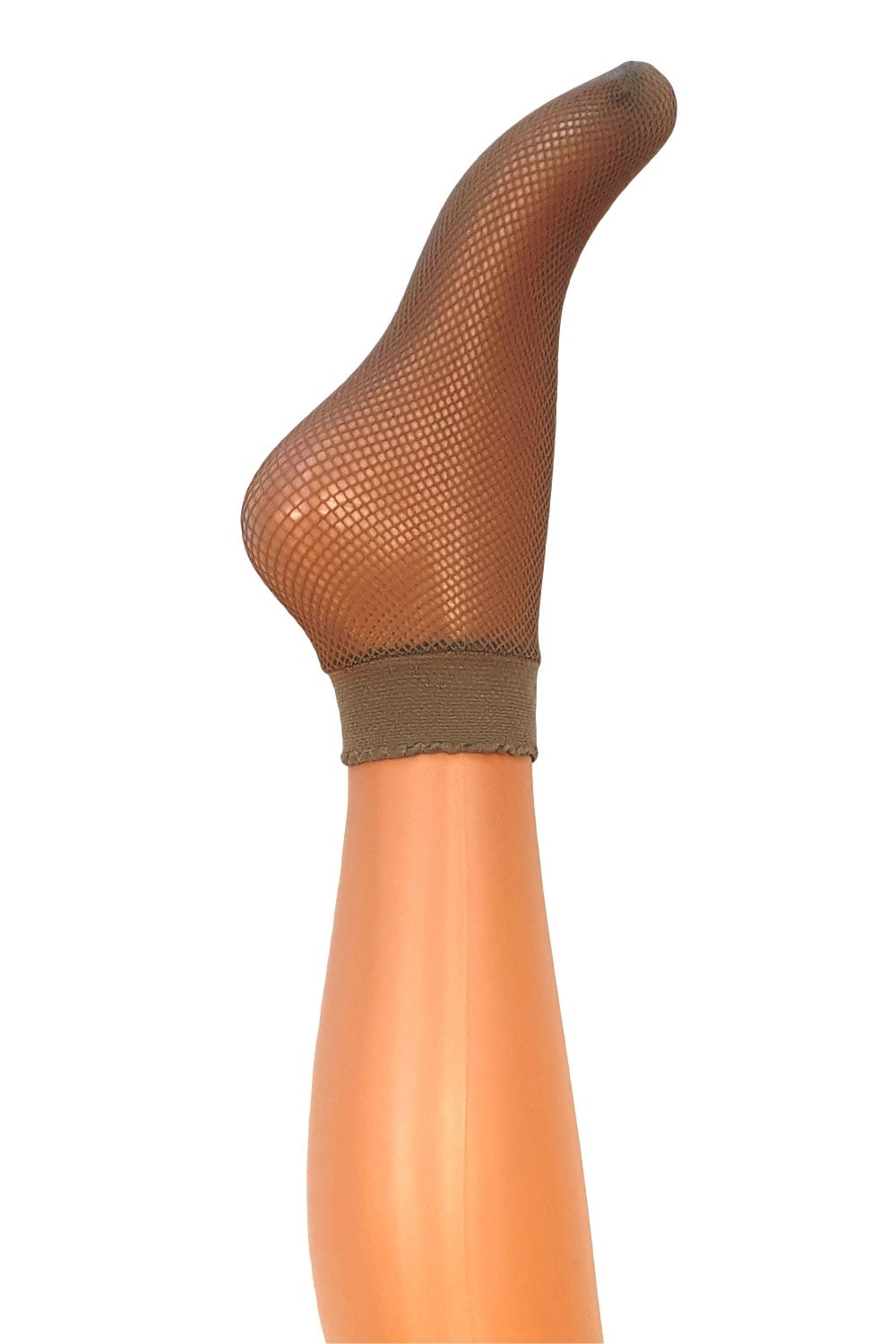Brown fishnet ankle sock on a white background