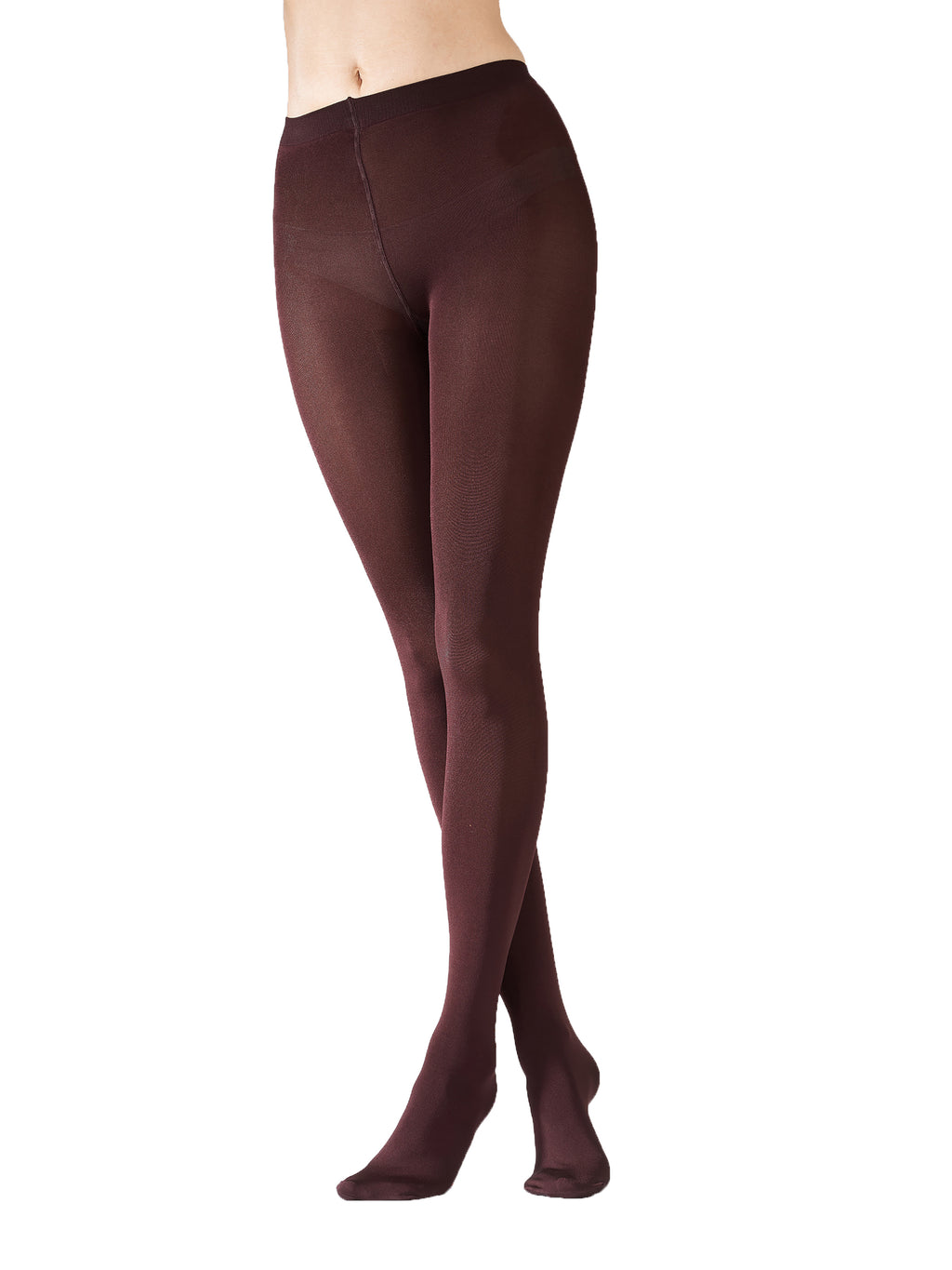 Burgundy  tights worn by a person on a white background