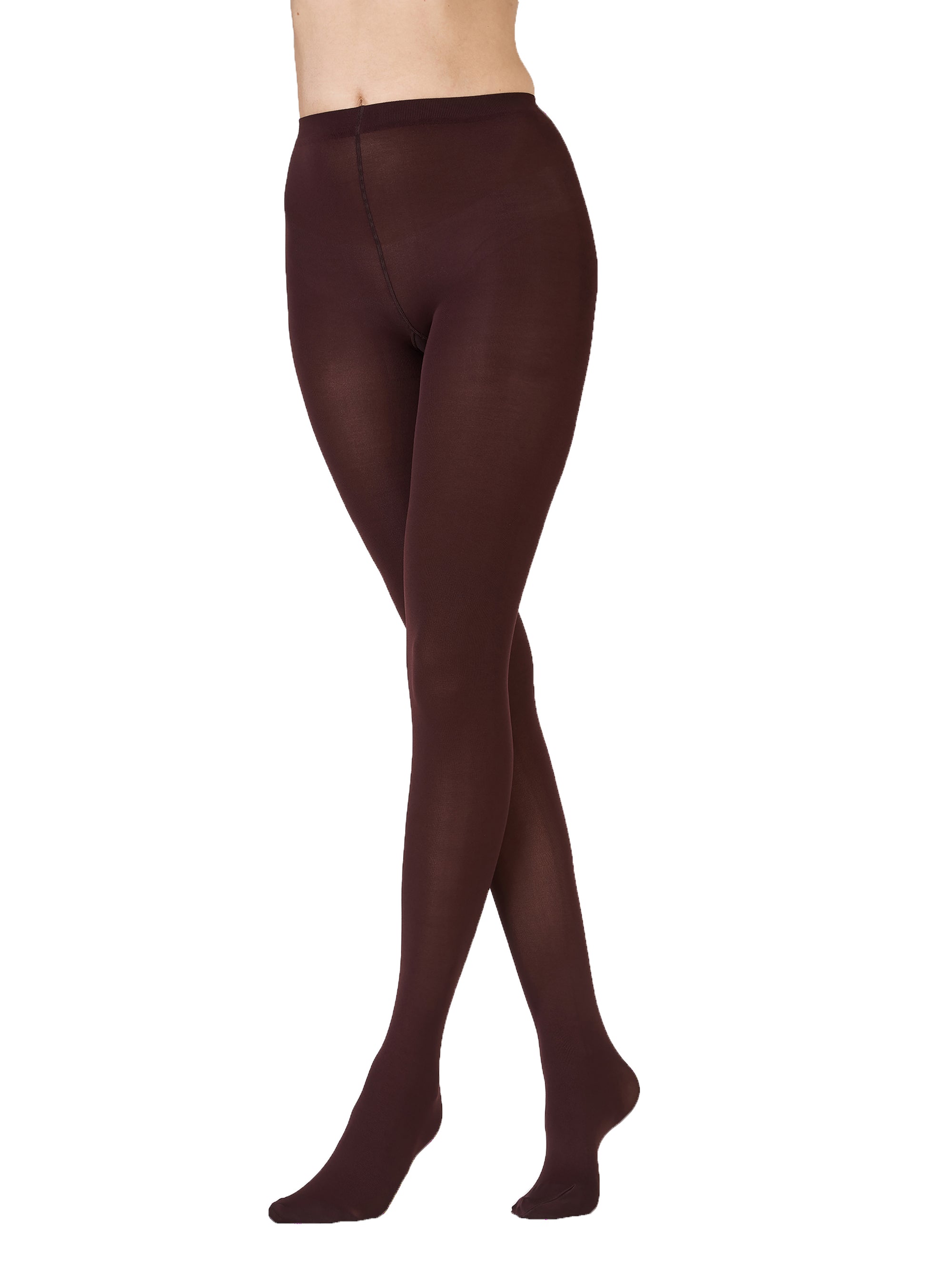 Burgundy tights worn by a person on a white background
