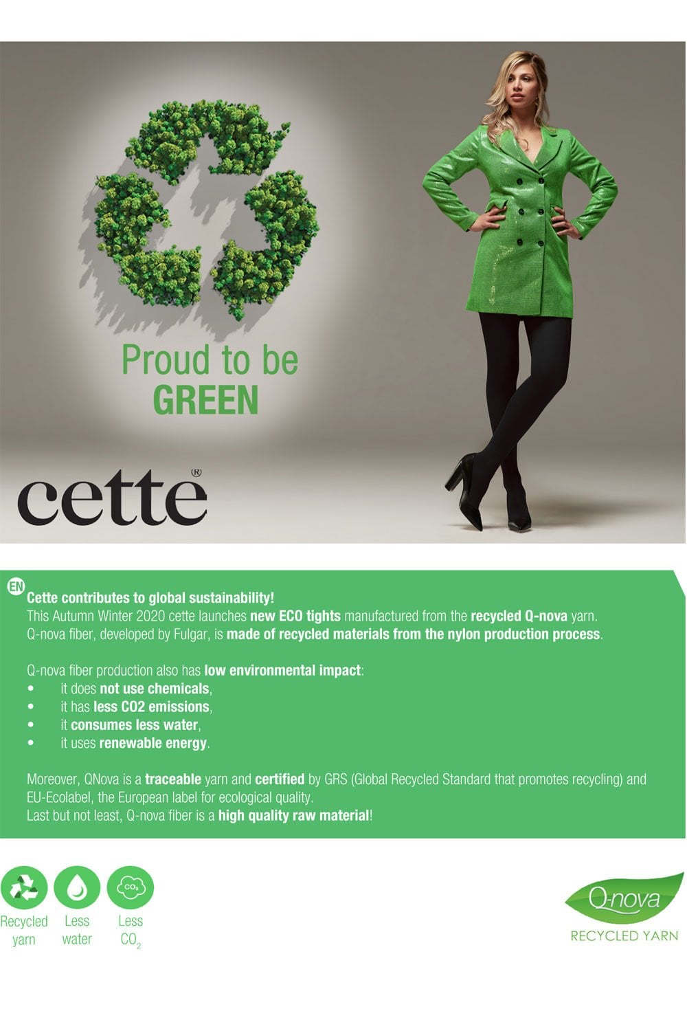Woman in a green jacket standing next to a recycling symbol with text about being green and using recycled materials.