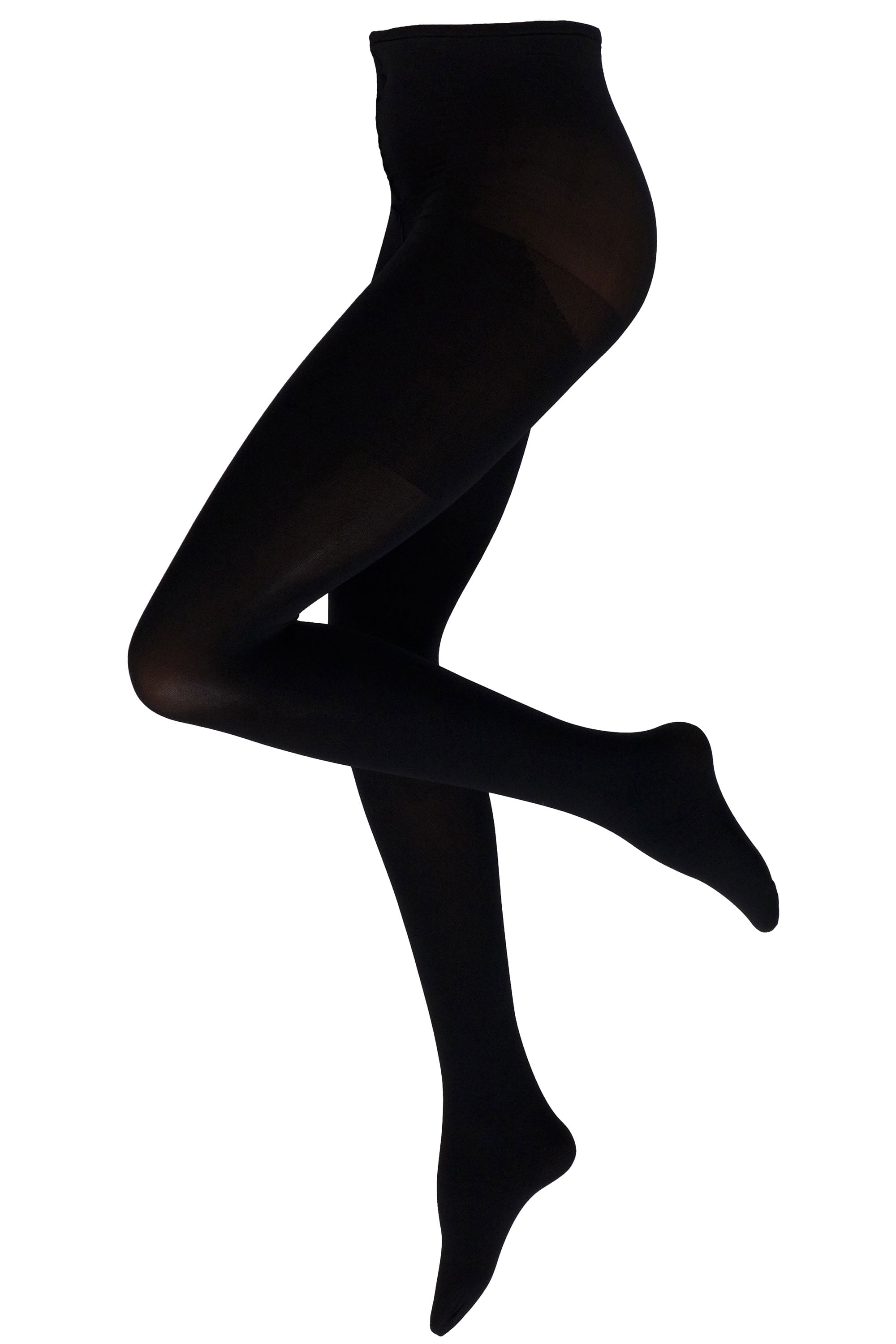 Black 60 denier plus size tights worn by a person on a white background